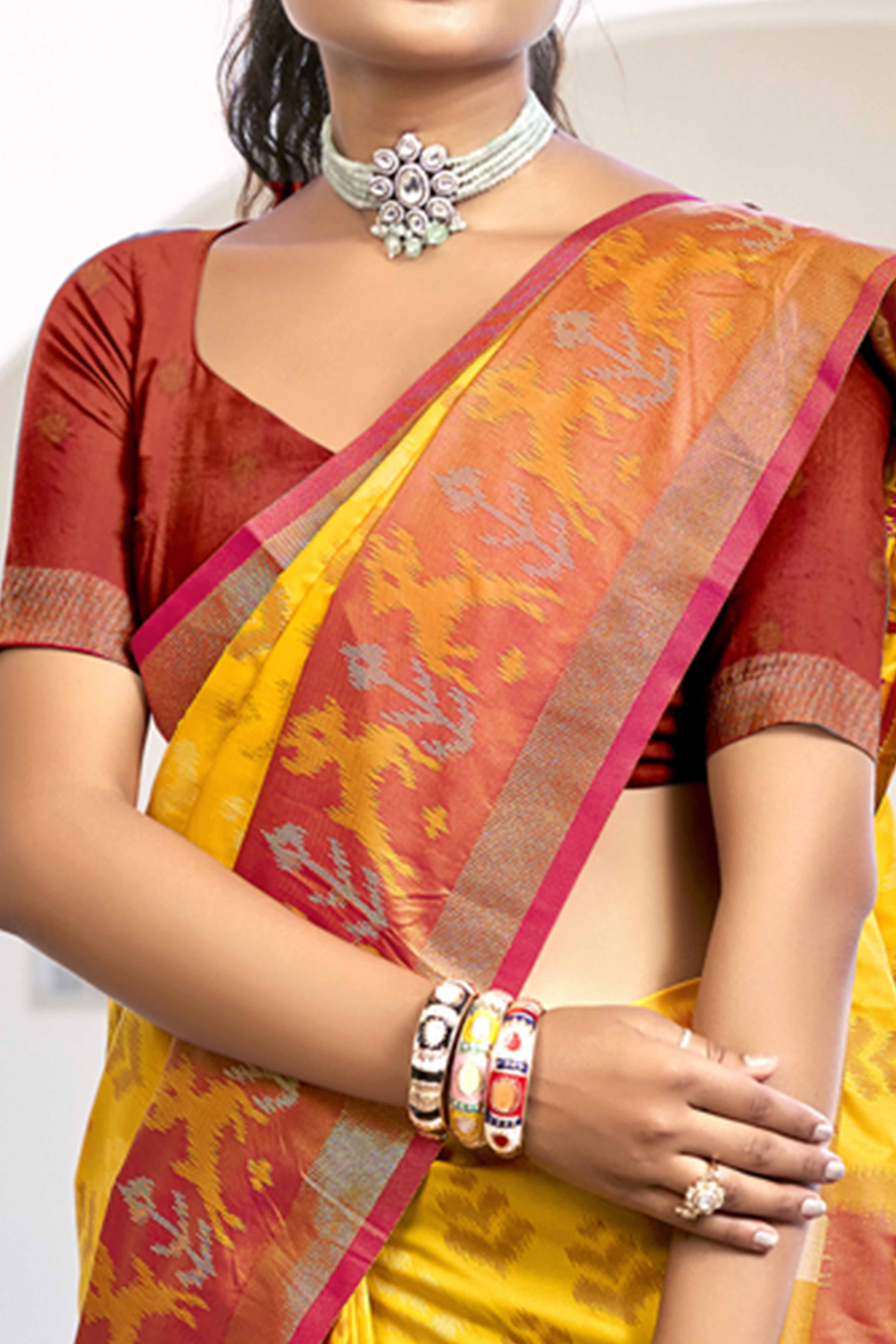 Mustard Yellow Ikat Woven Silk Saree for Festive Celebrations - Image 2