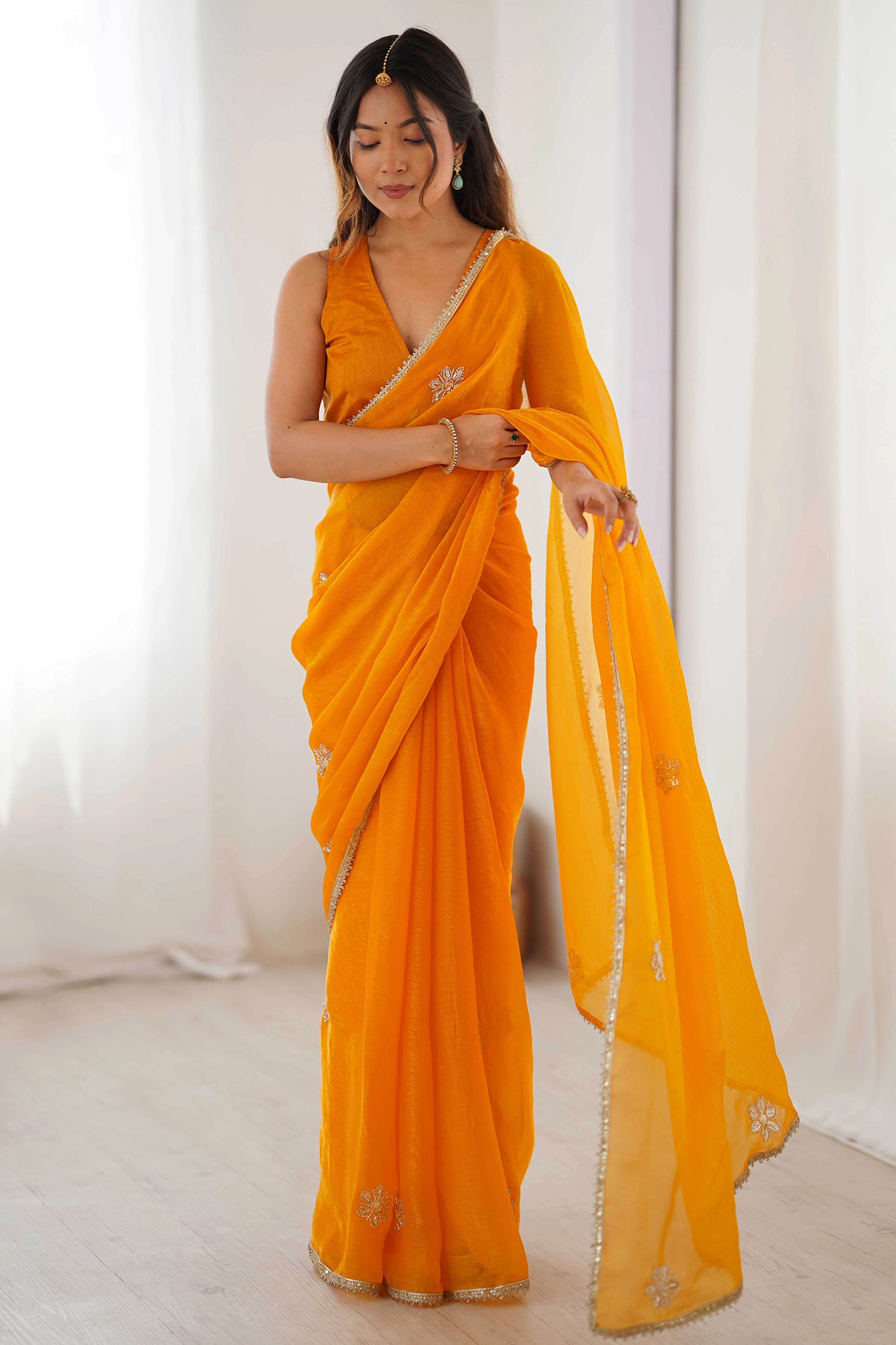 Mustard Yellow Organza Saree Embellished with Intricate Floral Work and Elegant Lace Detailing - Image 3