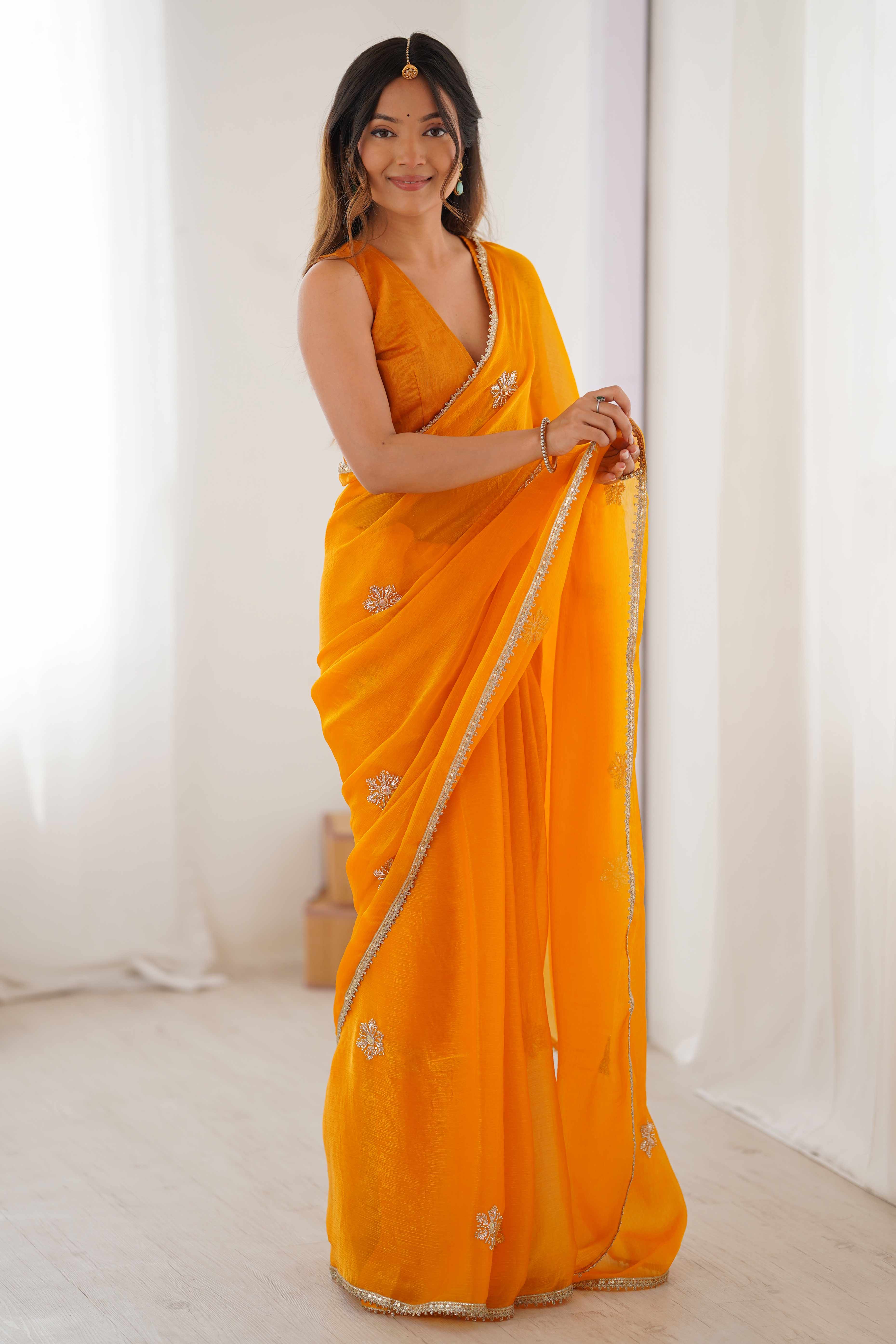 Mustard Yellow Organza Saree Embellished with Intricate Floral Work and Elegant Lace Detailing - Image 8