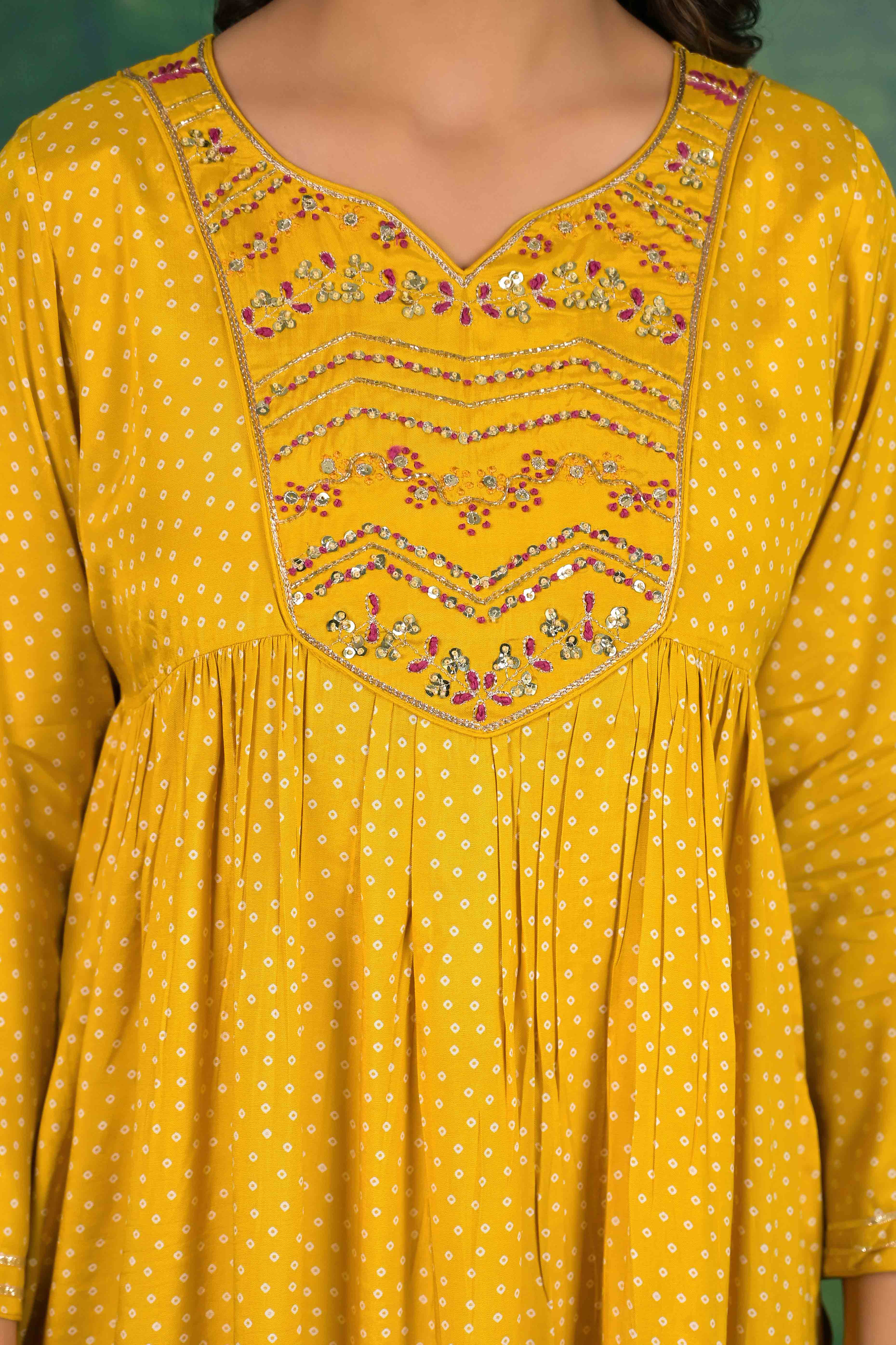 Mustard Yoke Embroidered Anarkali Muslin Salwar Suit - Image 3