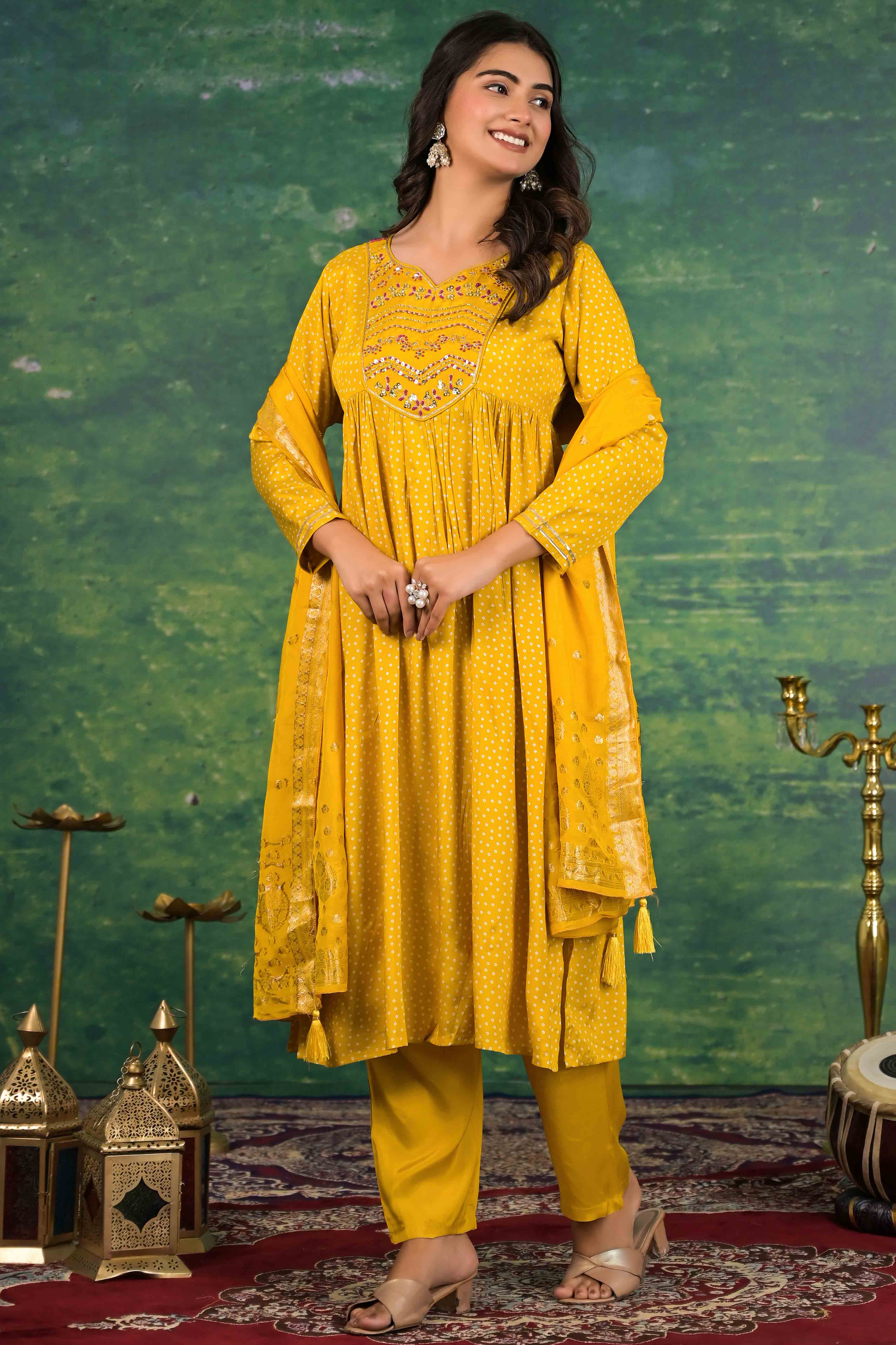 Mustard Yoke Embroidered Anarkali Muslin Salwar Suit - Image 5