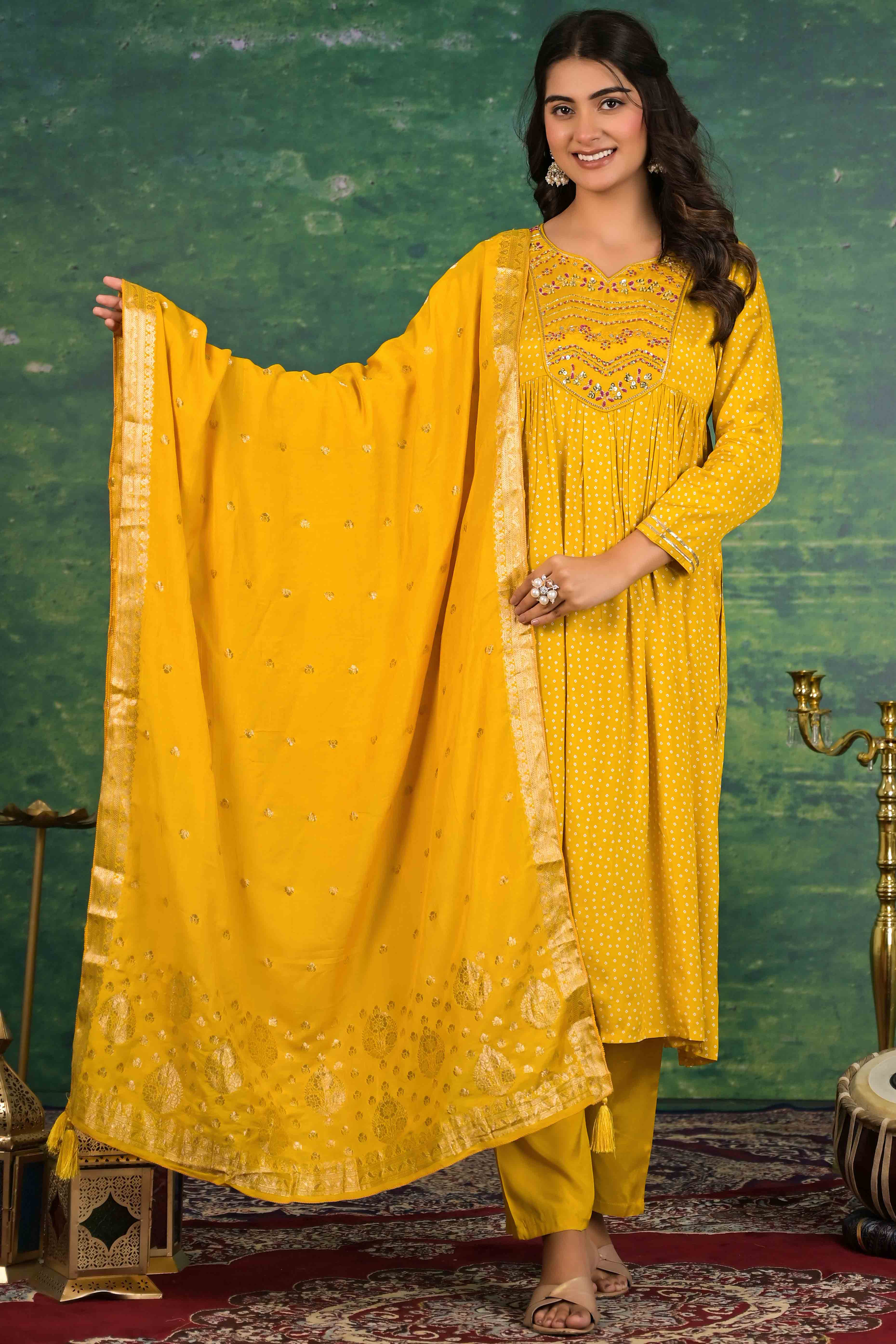 Mustard Yoke Embroidered Anarkali Muslin Salwar Suit - Image 7