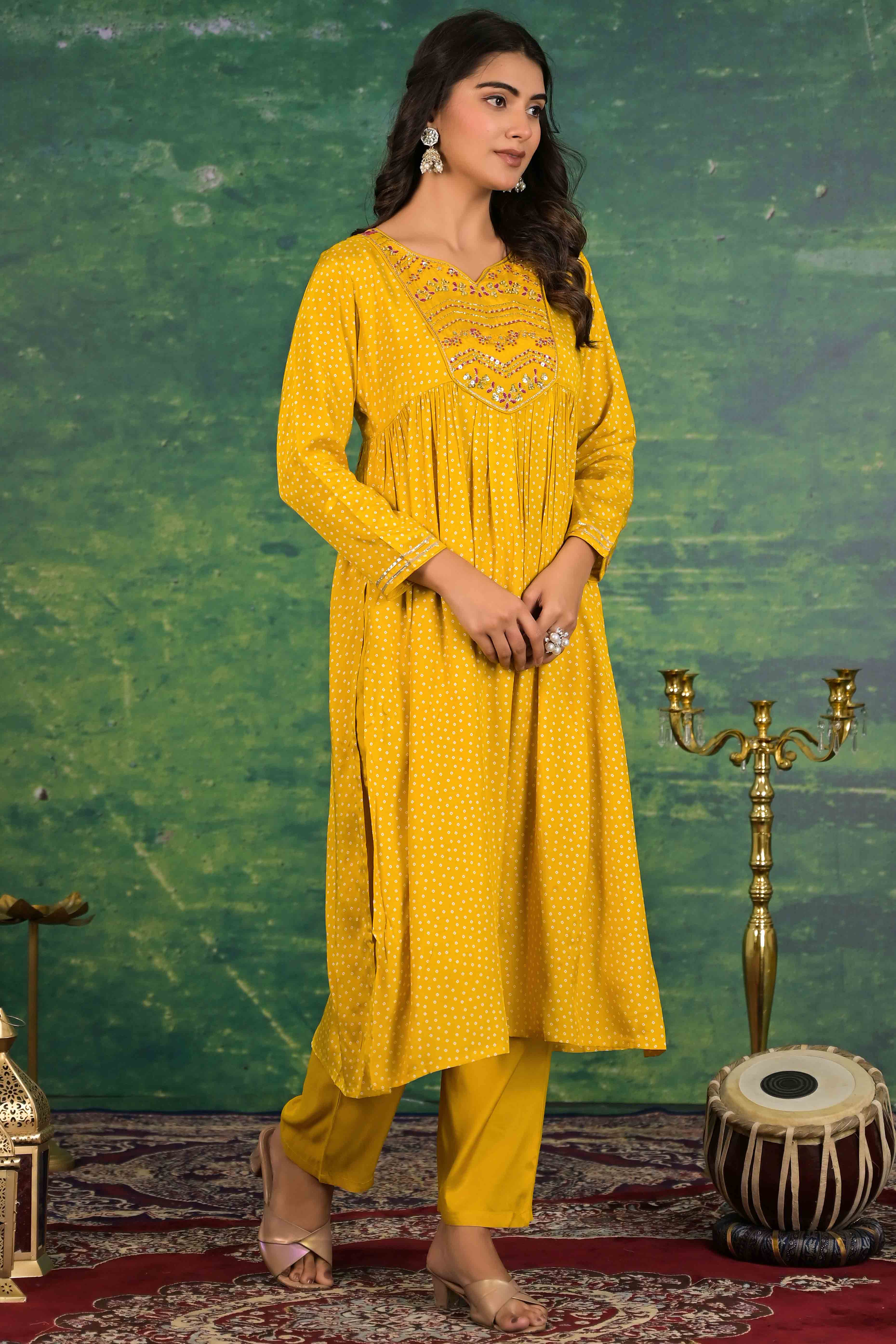 Mustard Yoke Embroidered Anarkali Muslin Salwar Suit - Image 8