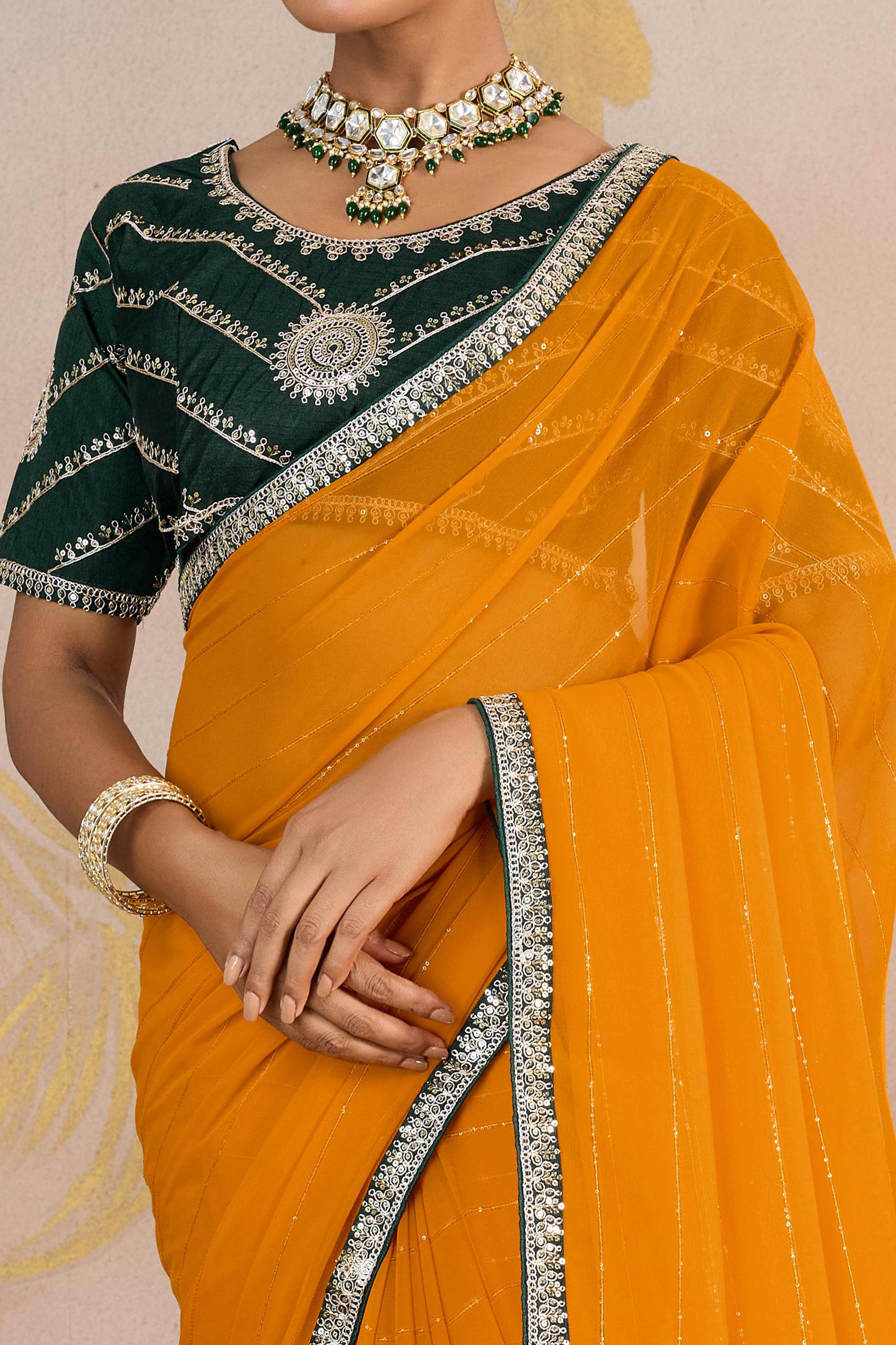 Mustard Zari Embroidered Georgette Saree Accented With Sequins - Image 2