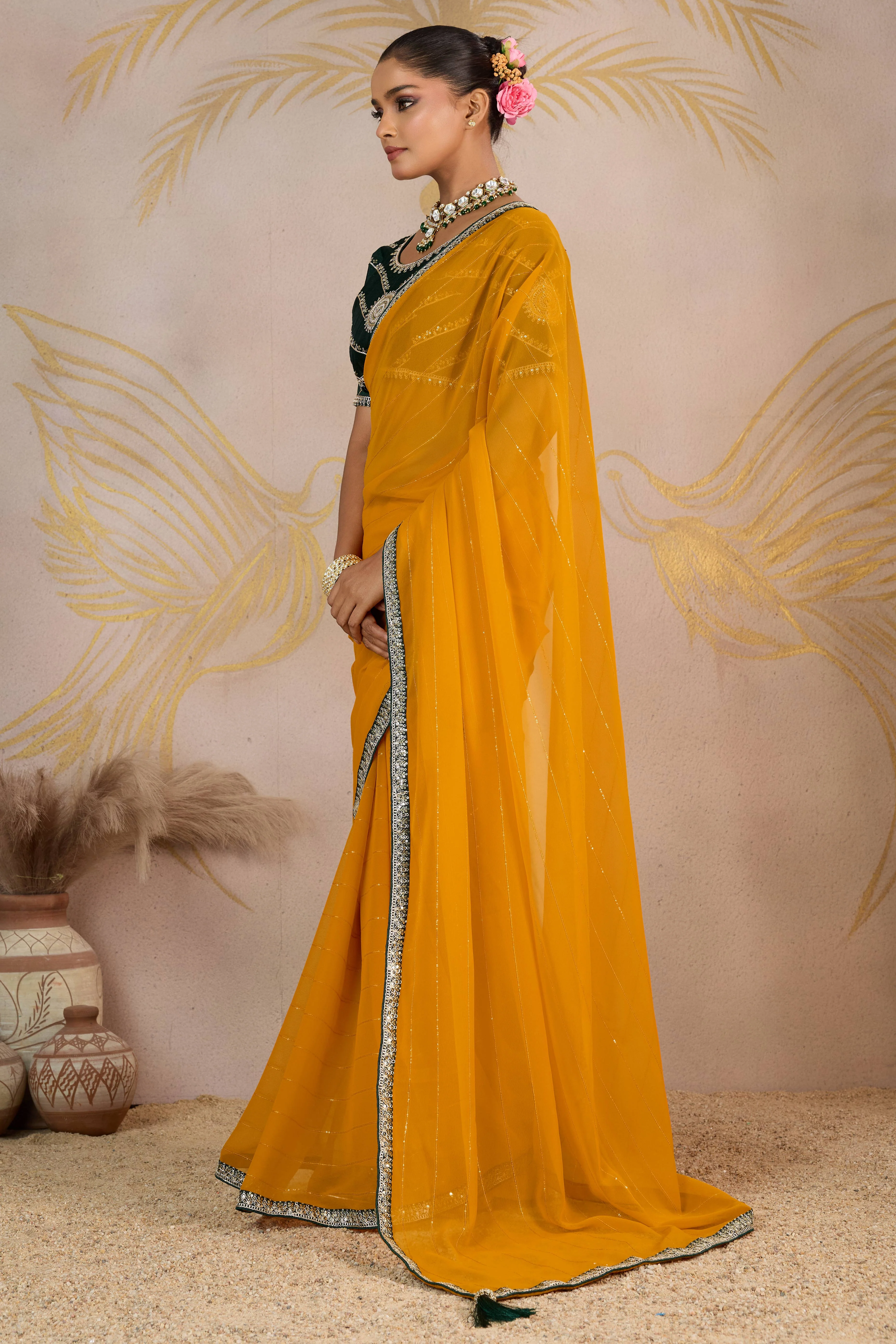 Mustard Zari Embroidered Georgette Saree Accented With Sequins - Image 3