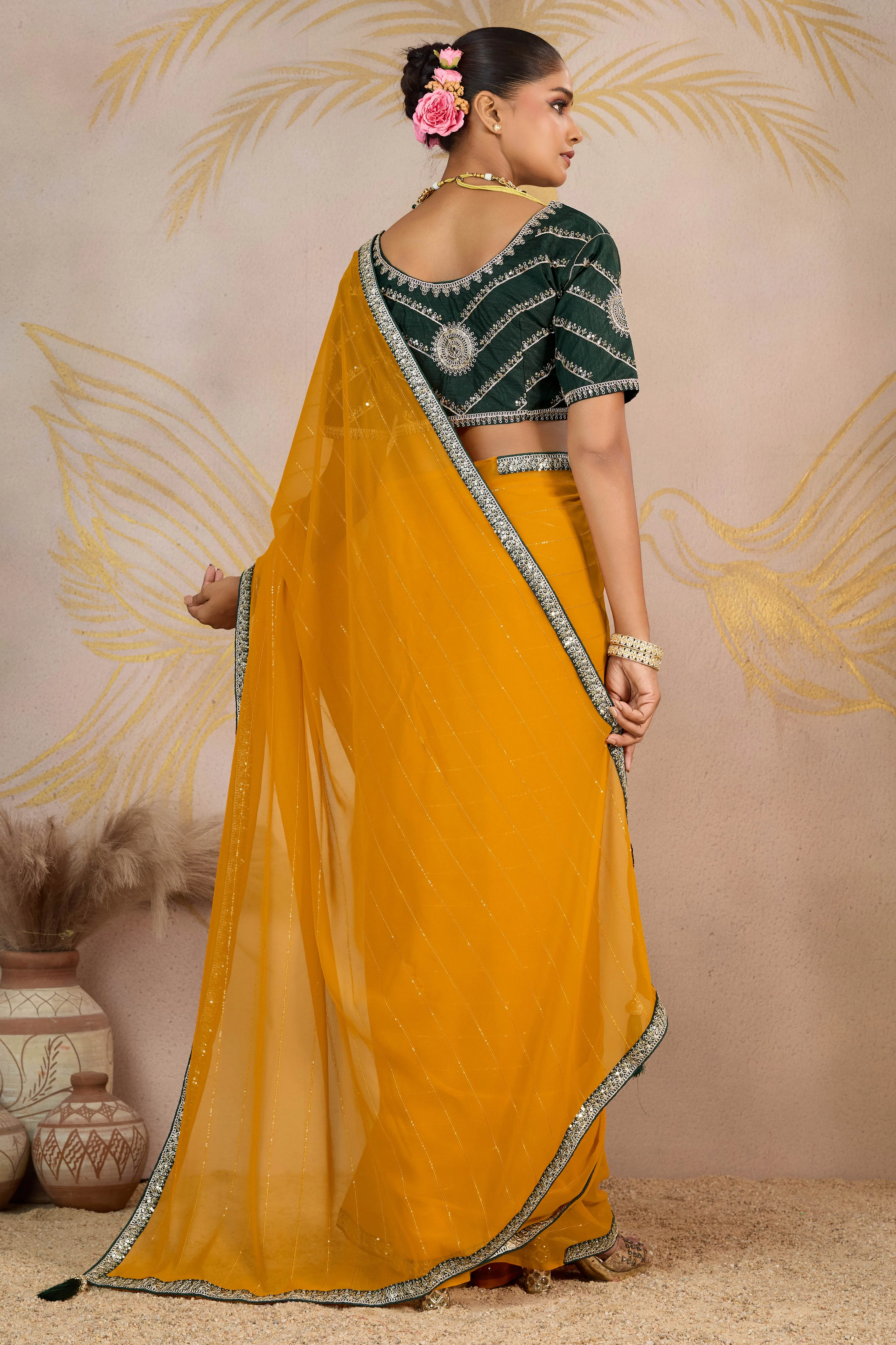 Mustard Zari Embroidered Georgette Saree Accented With Sequins - Image 4