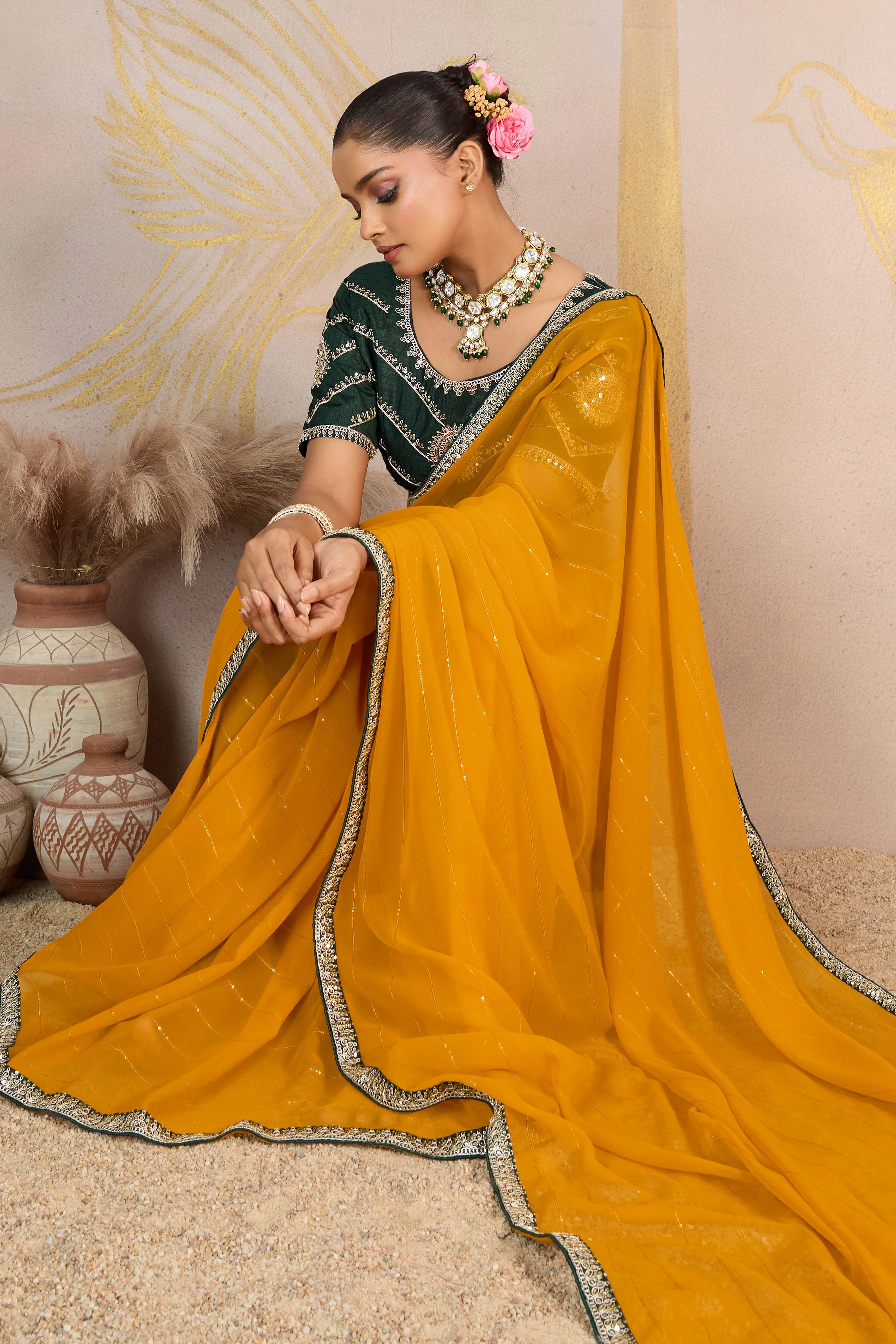 Mustard Zari Embroidered Georgette Saree Accented With Sequins - Image 5