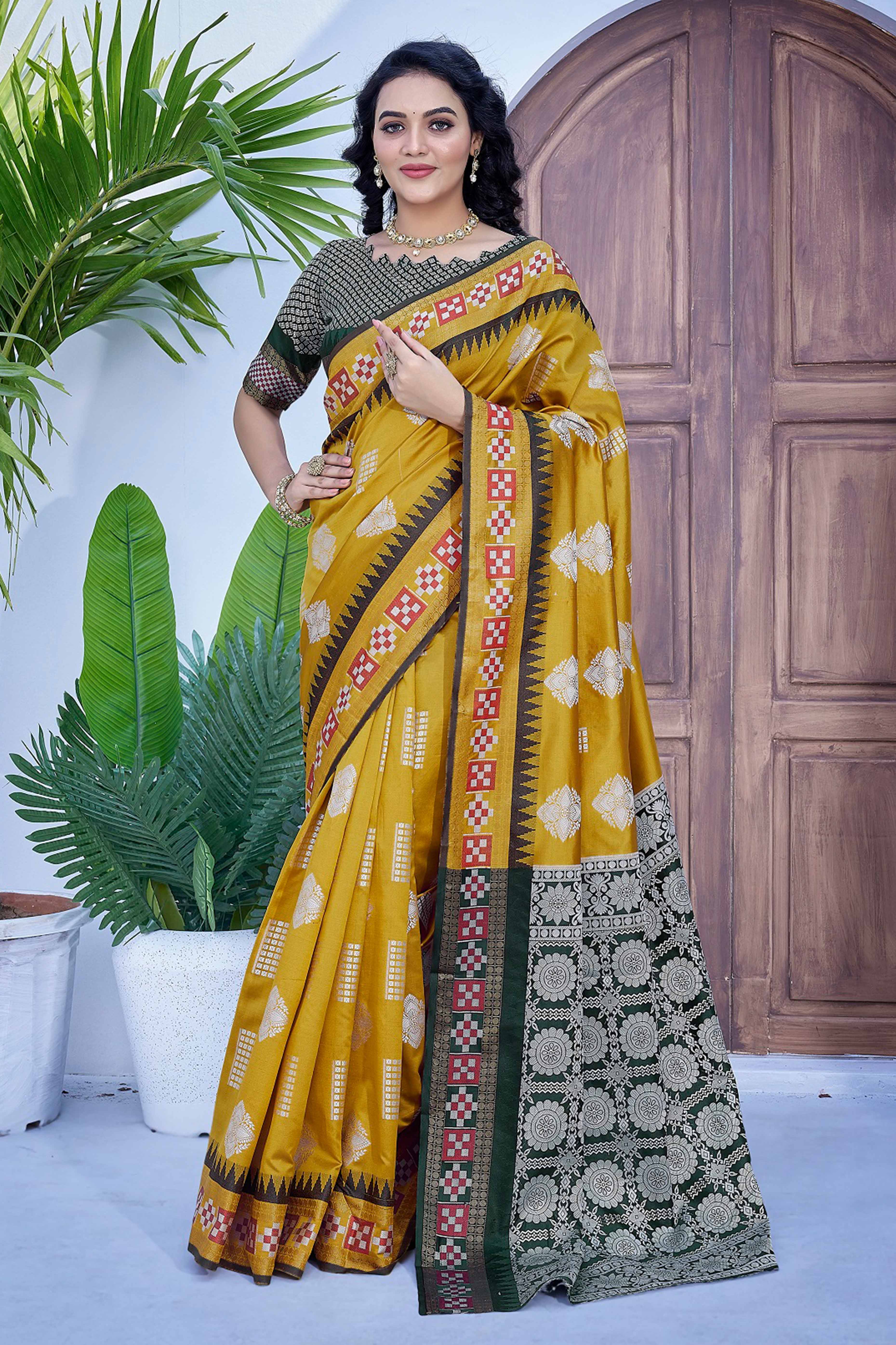 Mustard Zari Weaving Cotton Silk Saree - Image 3