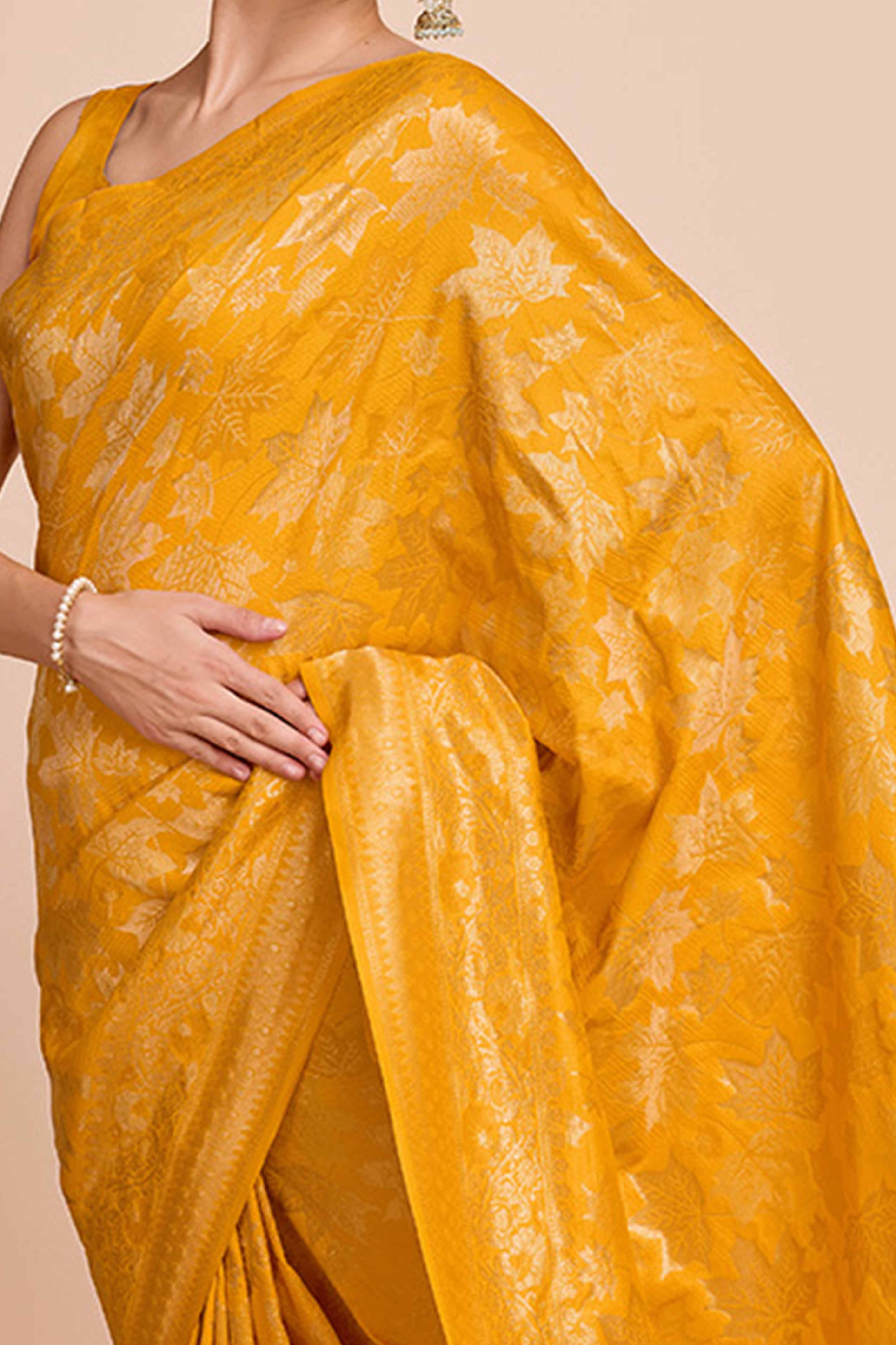 Mustard Zari Weaving Pure Silk Saree - Image 2