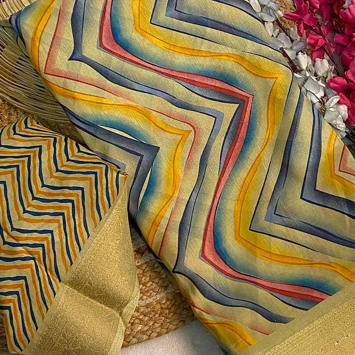 Mustard Zig Zag Printed Dola Silk Saree With Woven Border - Image 2