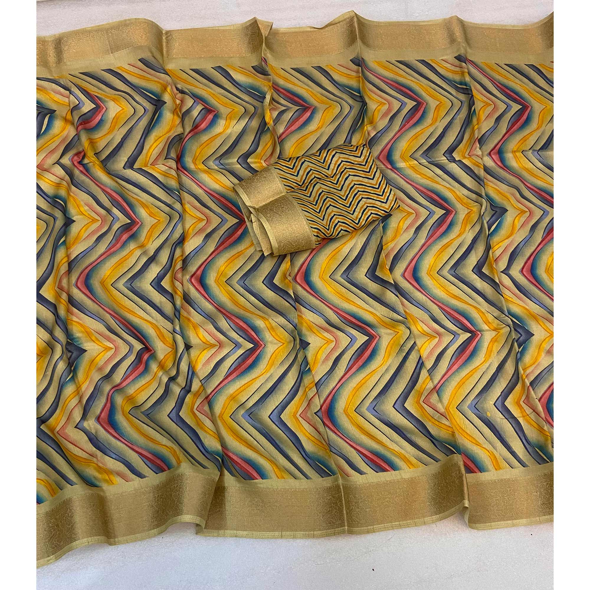 Mustard Zig Zag Printed Dola Silk Saree With Woven Border - Image 3