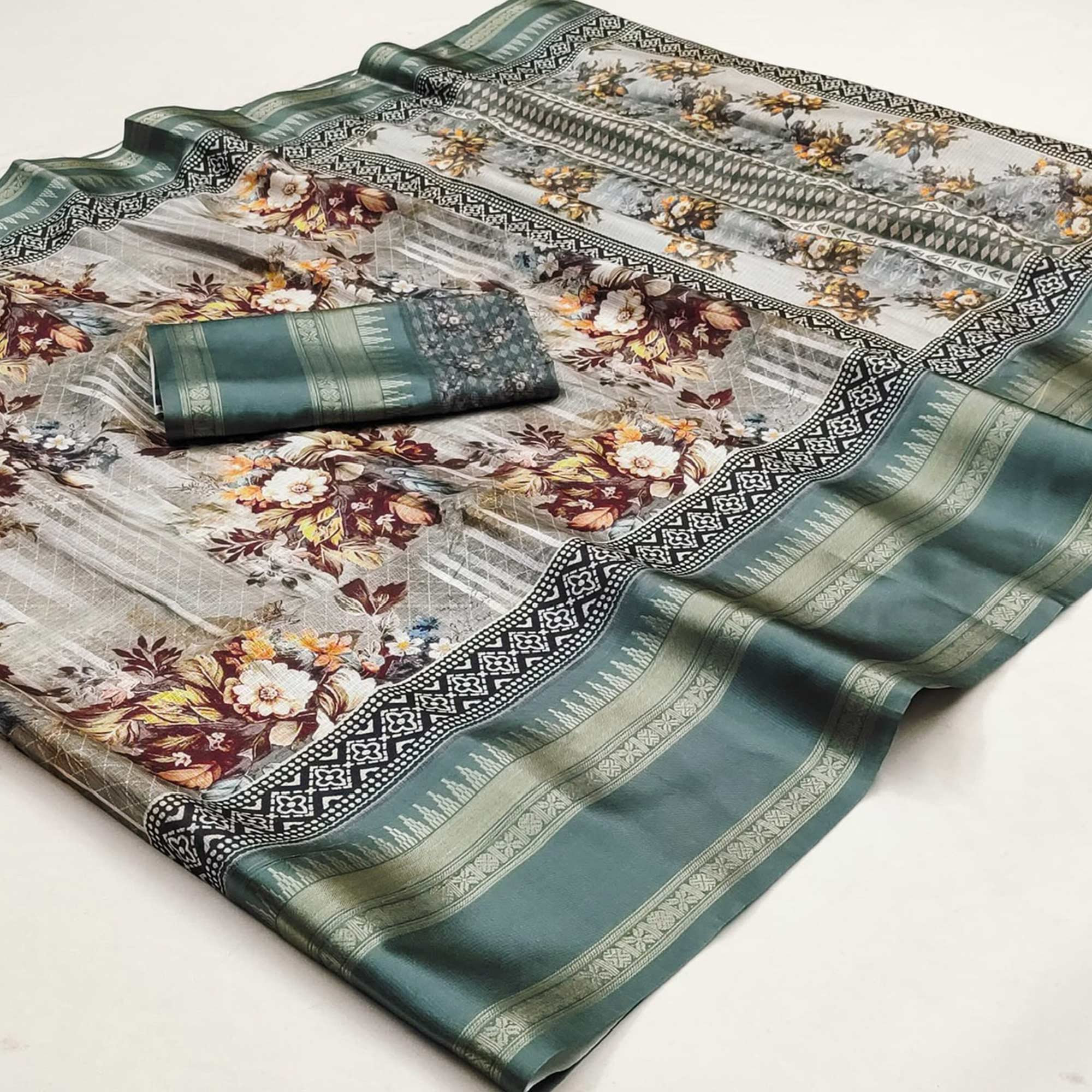 Muted Green Floral Digital Printed Cotton Silk Saree - Image 3