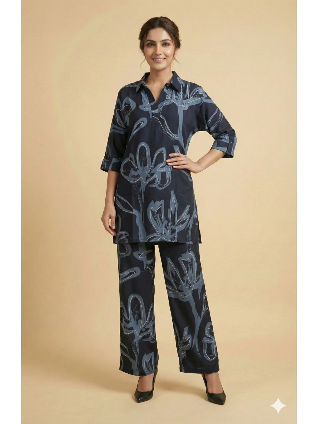 Navy Blue Abstract Printed Rayon Shirt-Style Top and Bottom Set for Casual Outings and Relaxed Styling