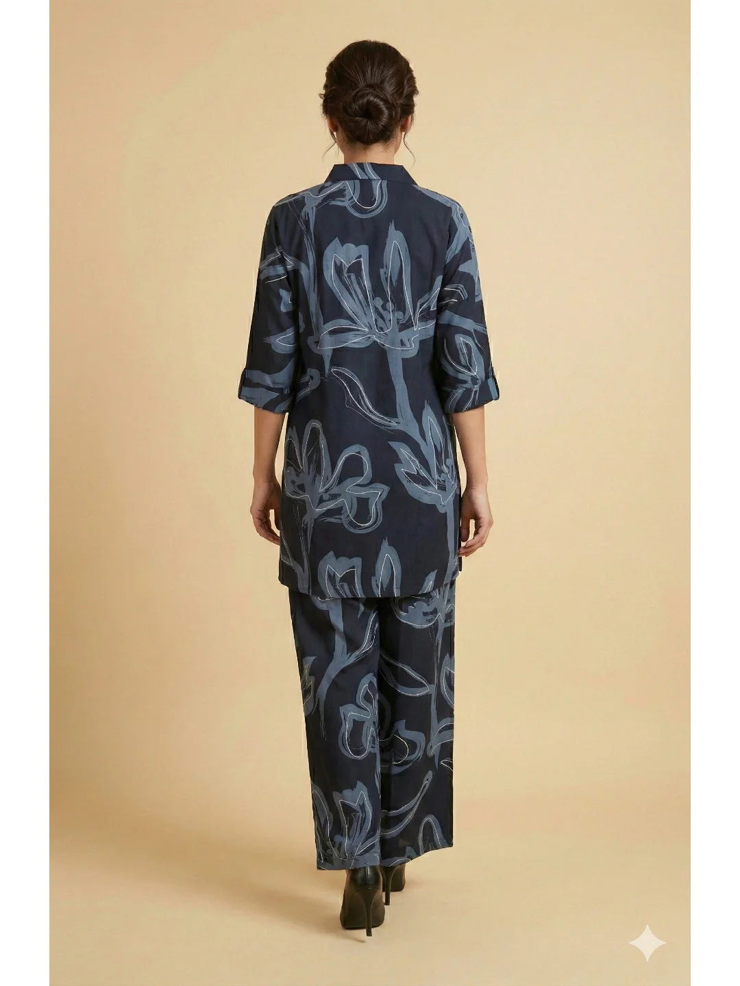 Navy Blue Abstract Printed Rayon Shirt-Style Top and Bottom Set for Casual Outings and Relaxed Styling - Image 3