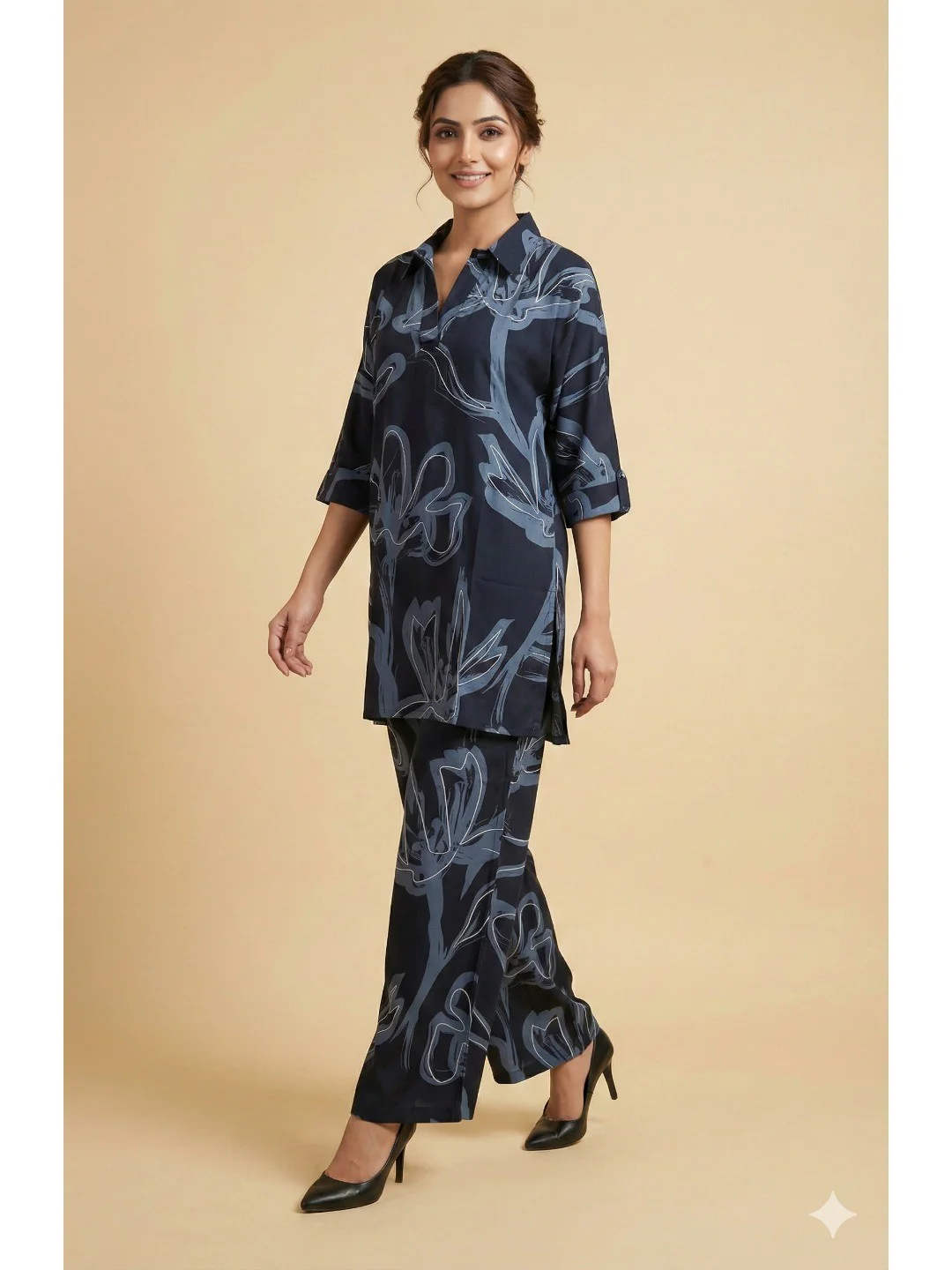 Navy Blue Abstract Printed Rayon Shirt-Style Top and Bottom Set for Casual Outings and Relaxed Styling - Image 4