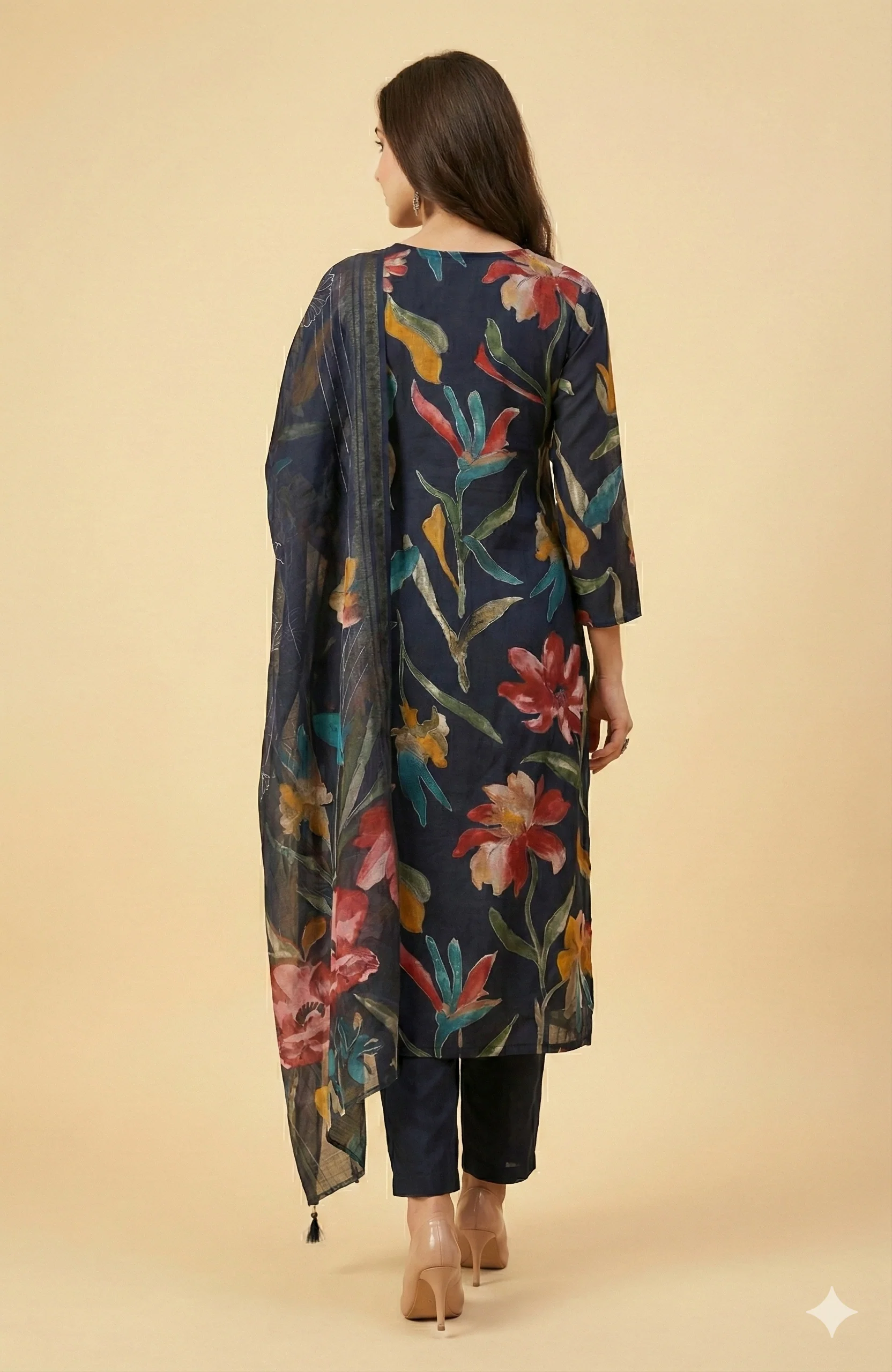 Navy Blue All Over Floral Viscose Rayon Straight Kurta Set Festive Glam - Image 3