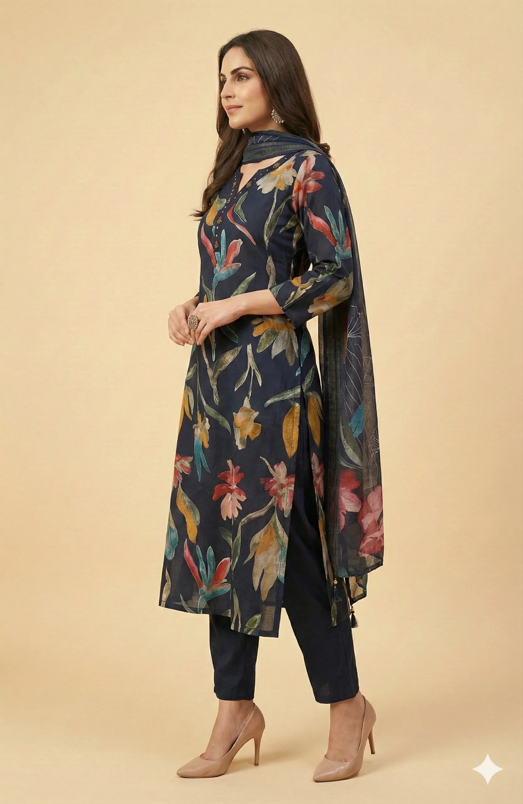 Navy Blue All Over Floral Viscose Rayon Straight Kurta Set Festive Glam - Image 4