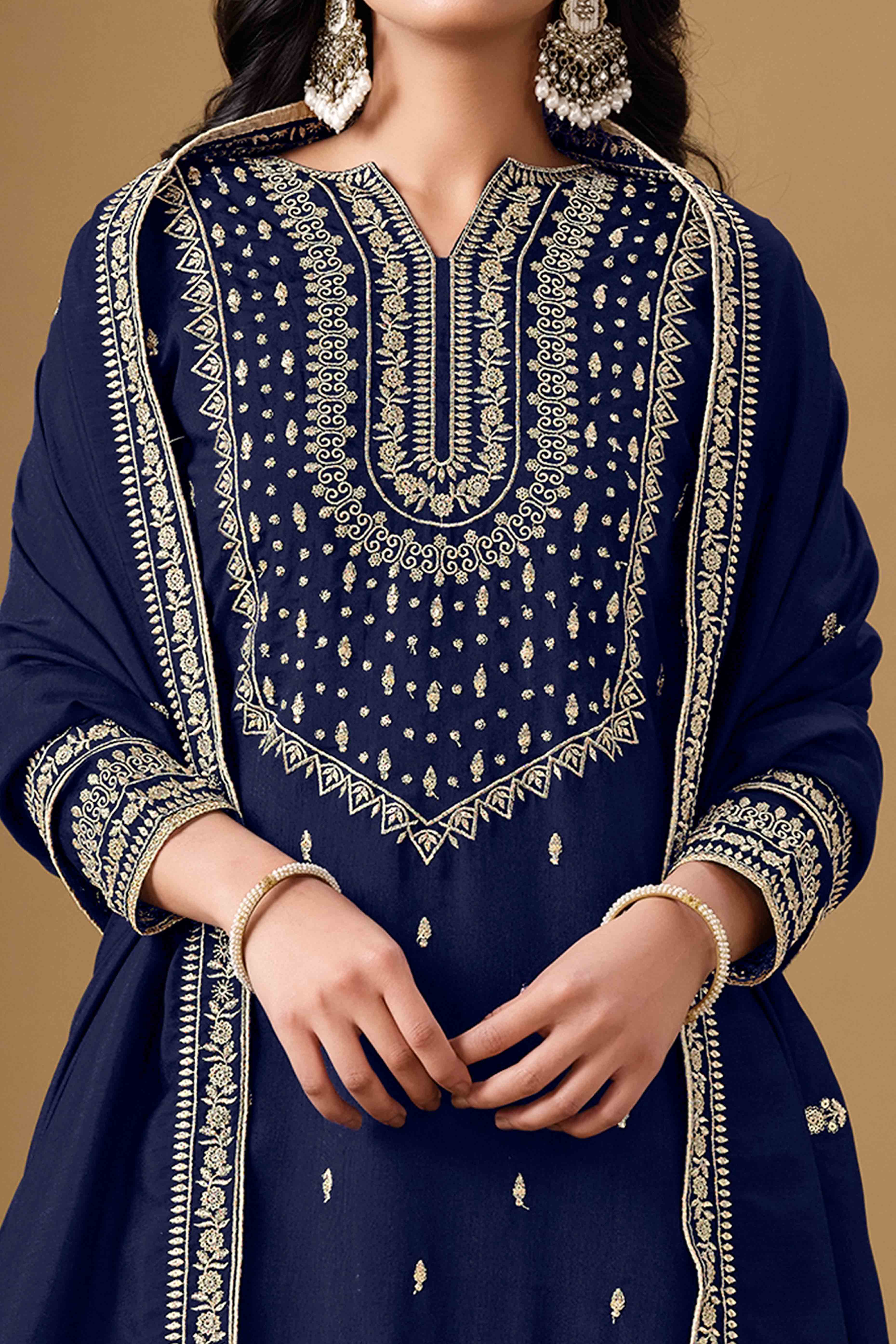 Navy Blue Art Silk Sharara Suit With Floral Sequins Embroidery Work - Image 2
