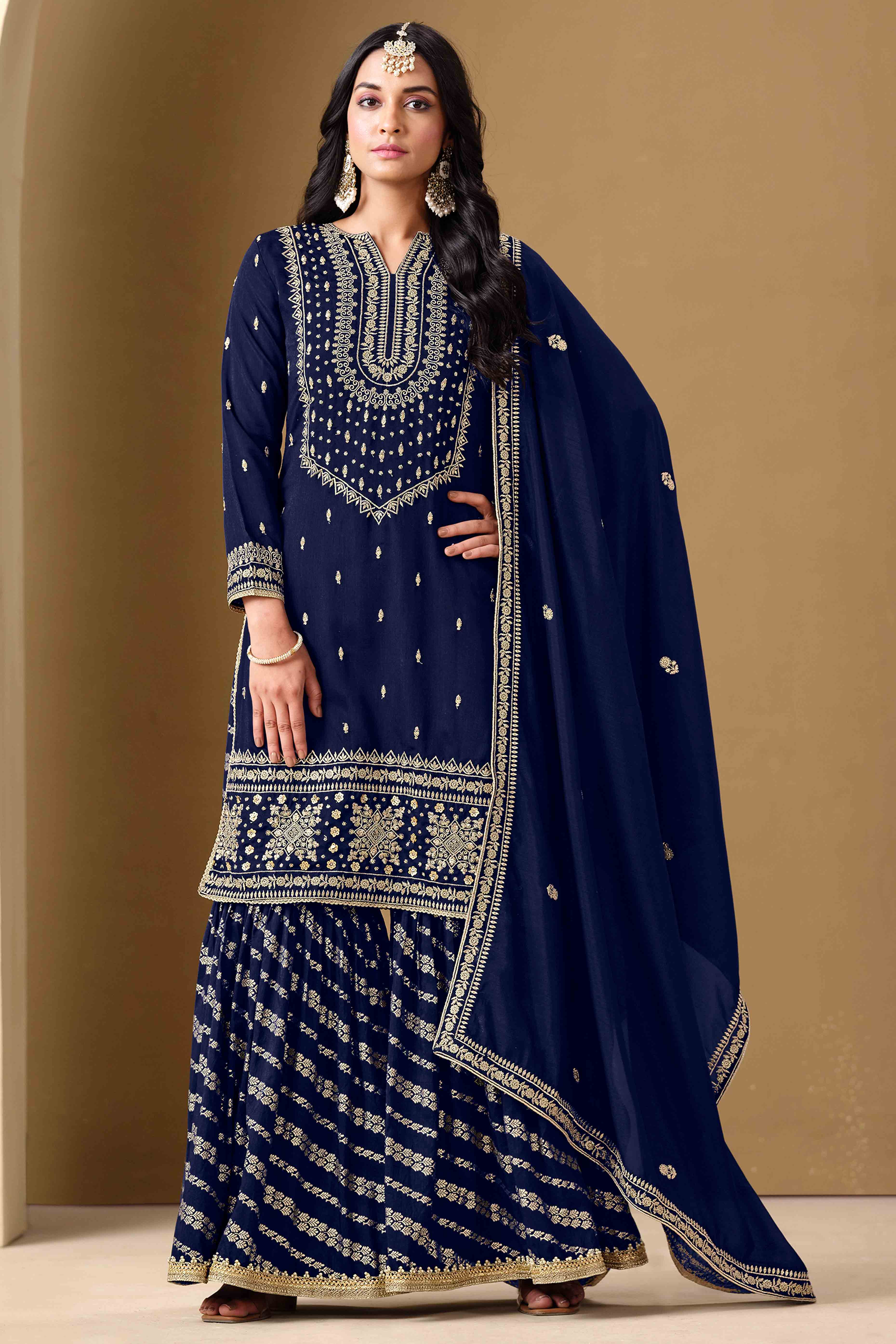 Navy Blue Art Silk Sharara Suit With Floral Sequins Embroidery Work - Image 3