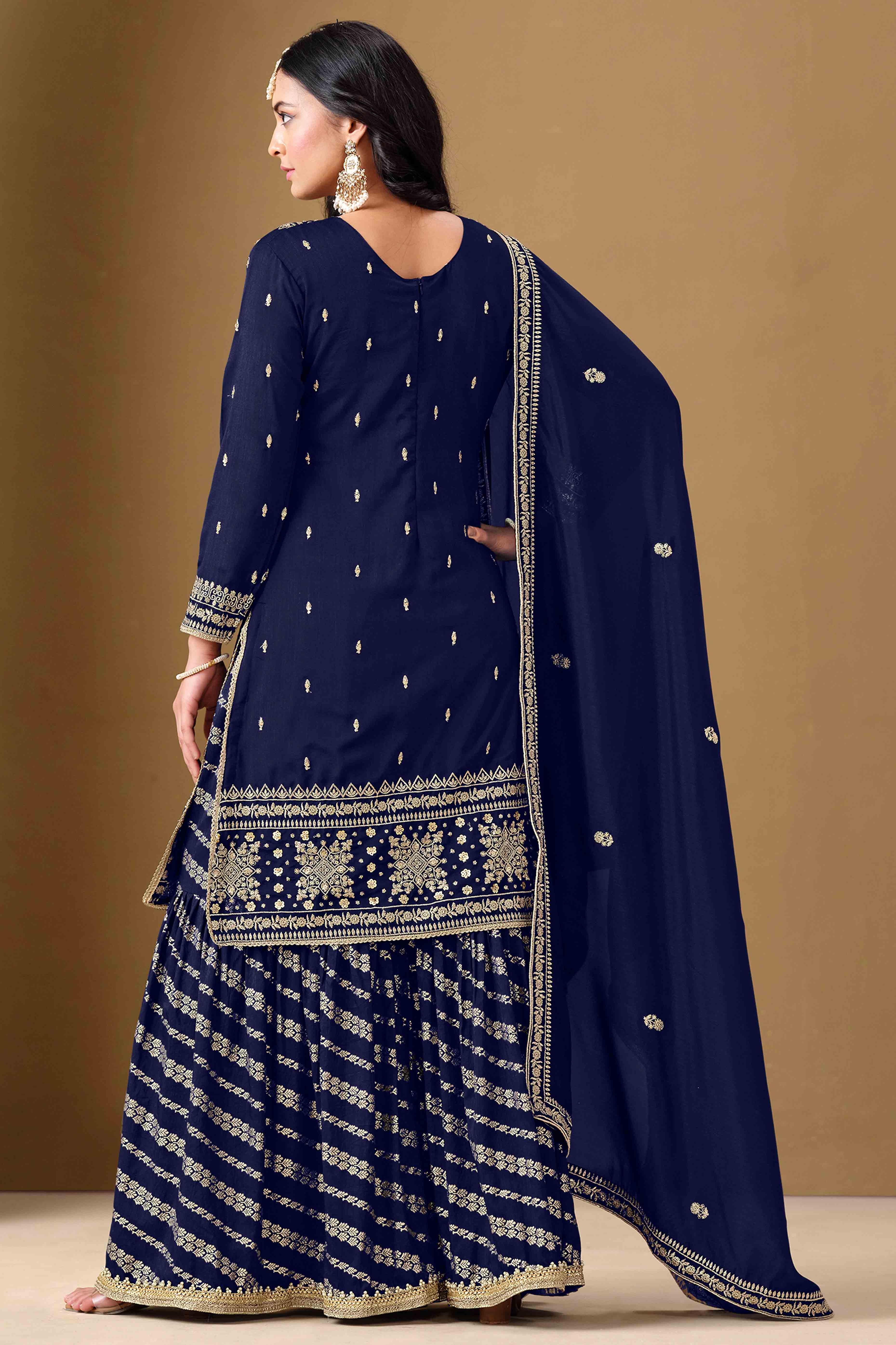 Navy Blue Art Silk Sharara Suit With Floral Sequins Embroidery Work - Image 4