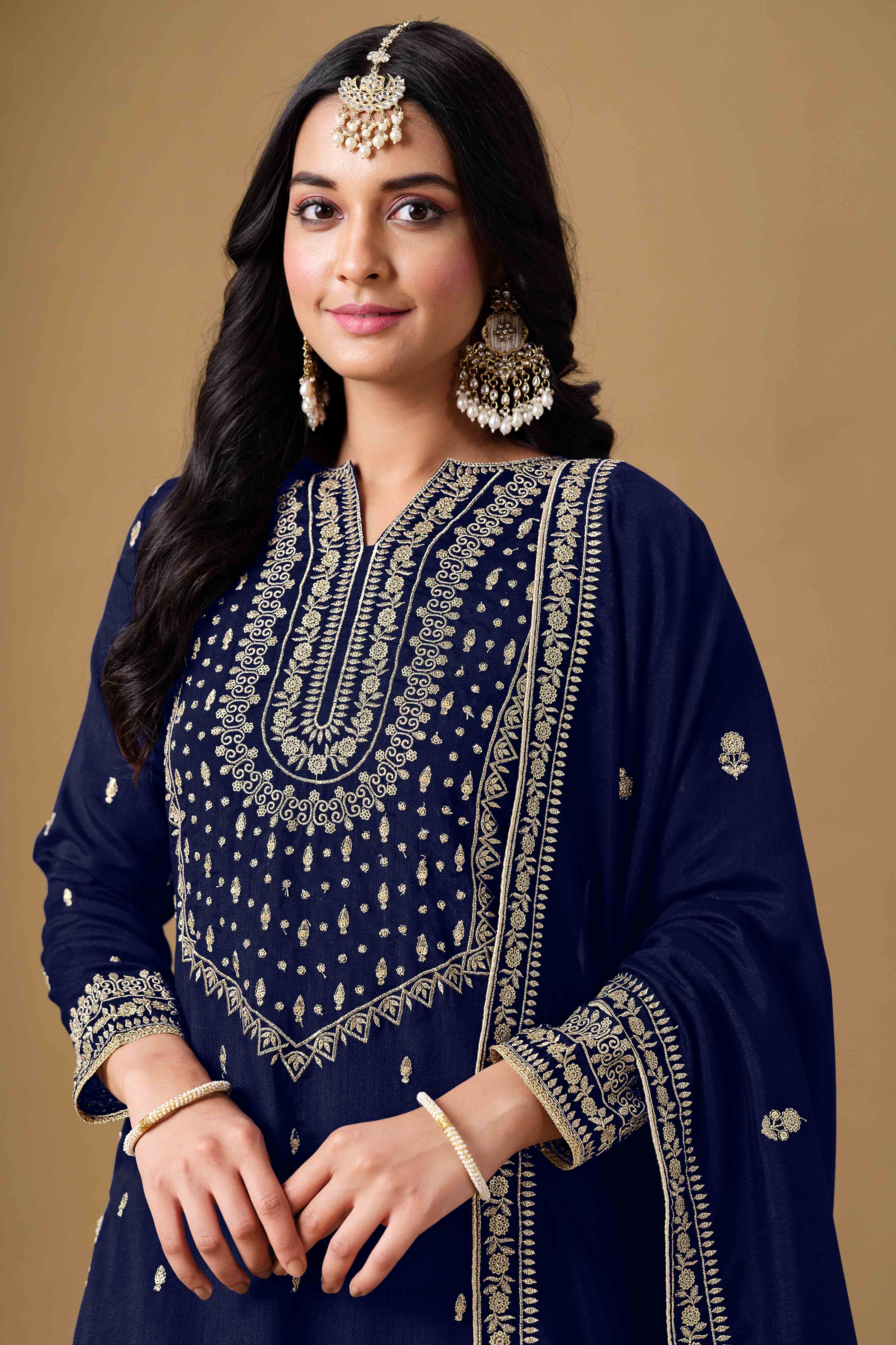 Navy Blue Art Silk Sharara Suit With Floral Sequins Embroidery Work - Image 5
