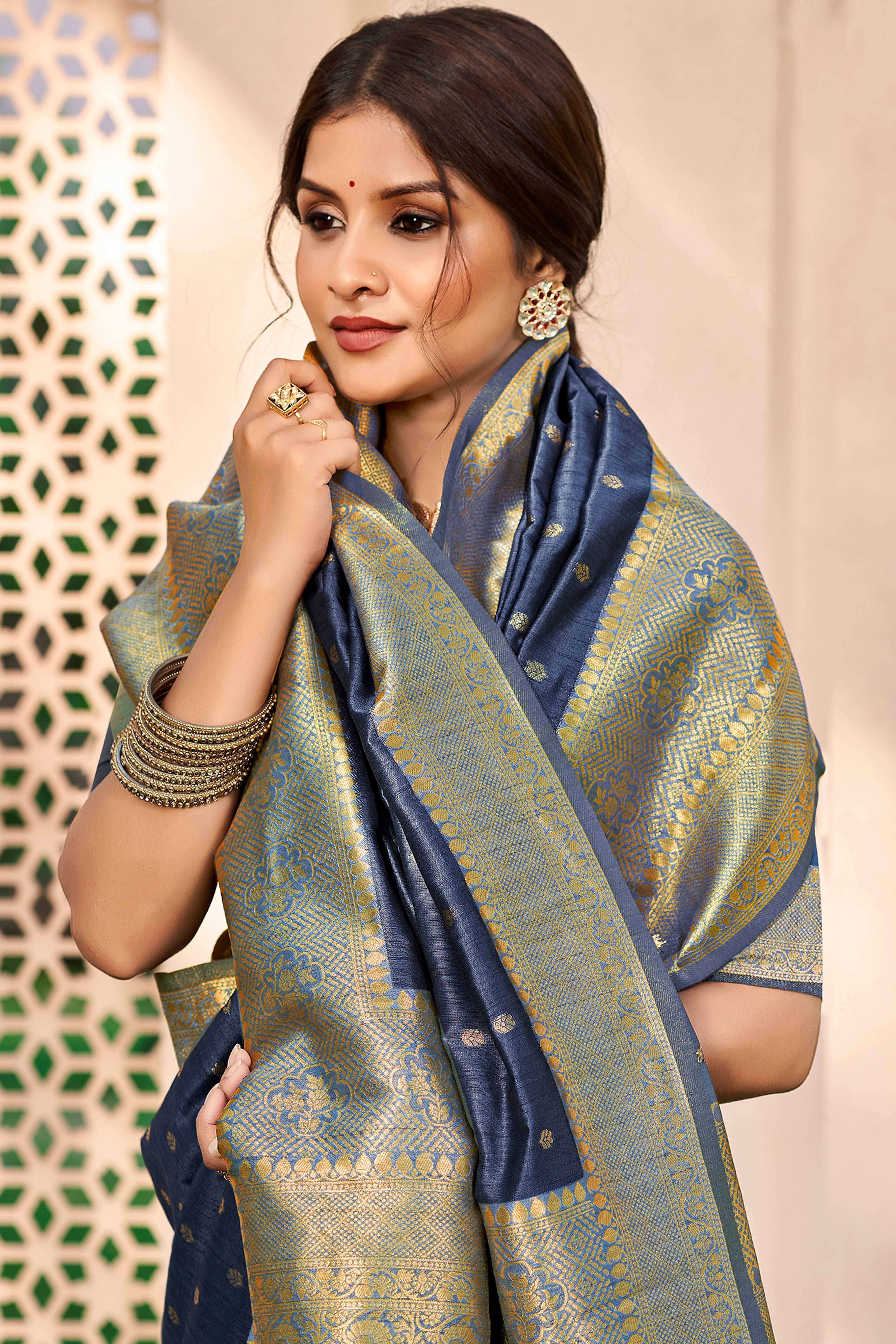 Navy Blue Assam Silk Blend Saree Adorned With Timeless Floral Zari Weaving - Image 3