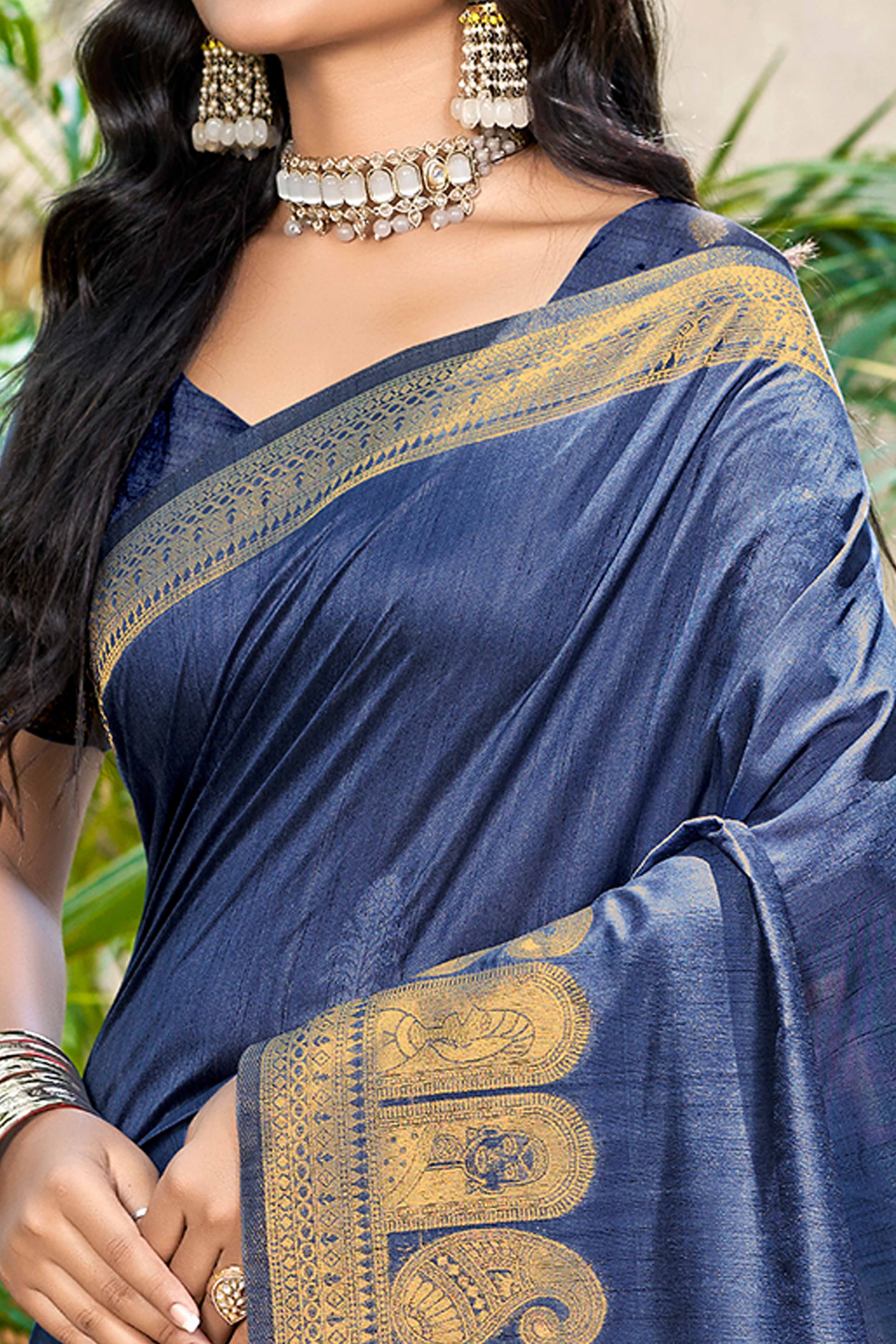 Navy Blue Assam Silk Blend Saree With Intricate Zari Floral & Paisley Weaving & Tassel Pallu - Image 2
