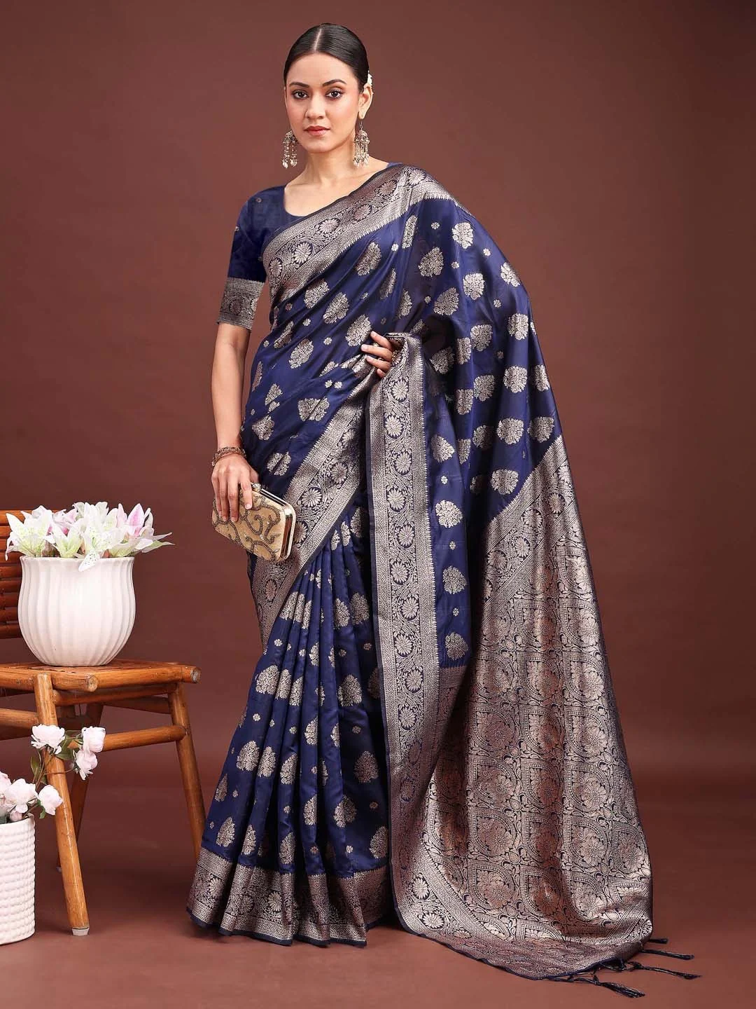 Navy Blue Banarasi Silk Saree with Intricate Silver Zari Weaving for Festive Elegance