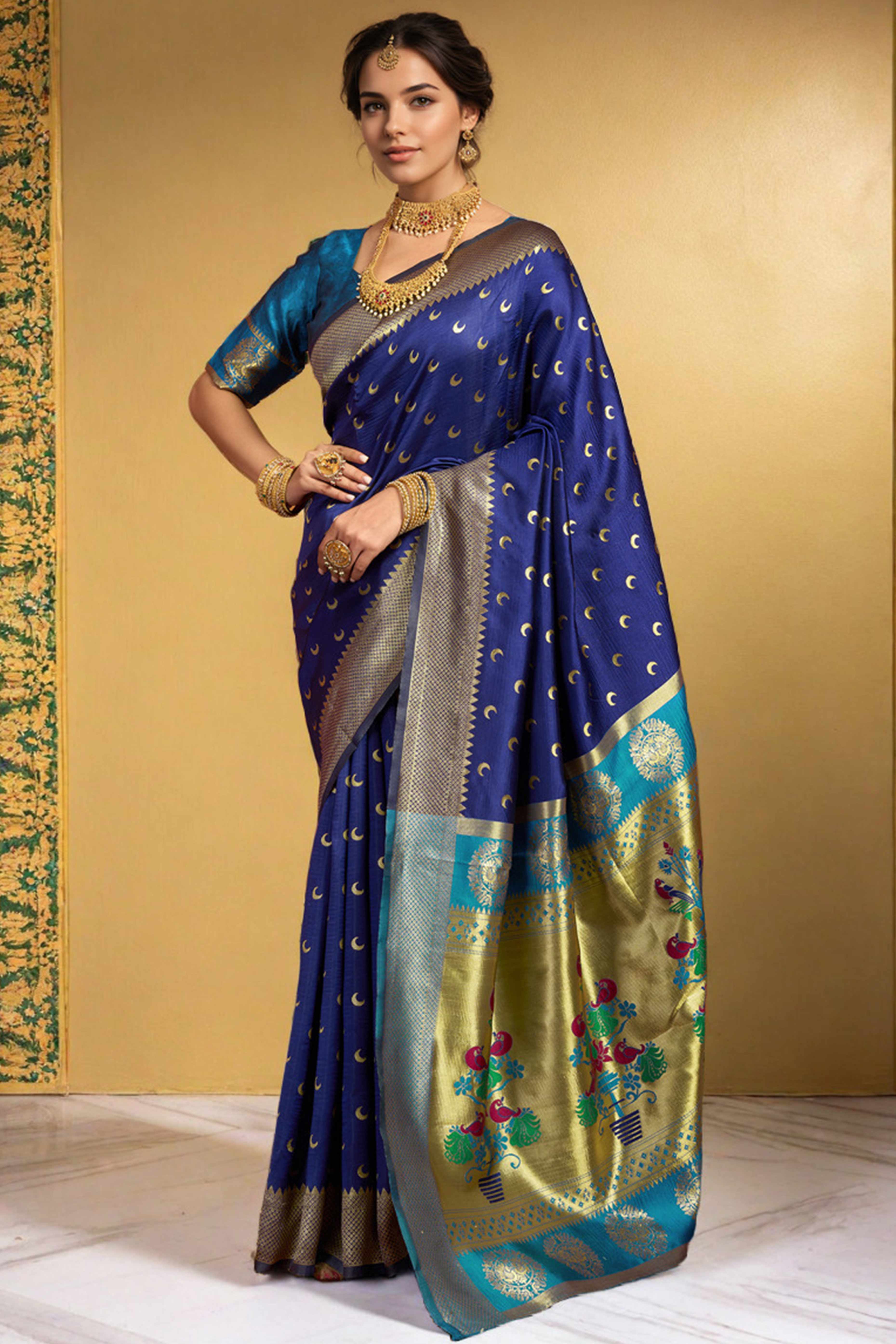 Navy Blue Chandrakor Paithani Silk Blend Saree With Intricate Zari Weaving - Image 3