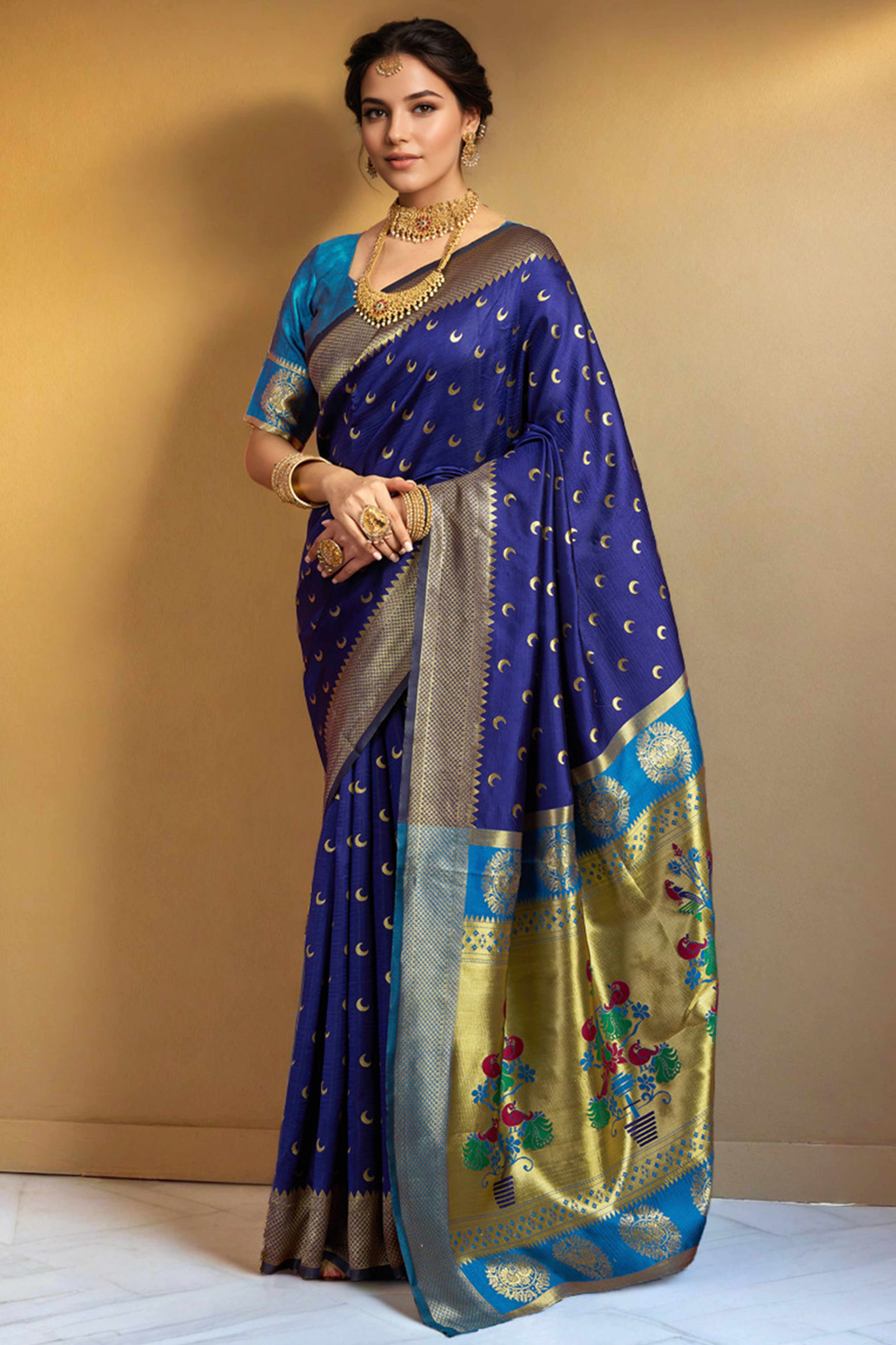 Navy Blue Chandrakor Paithani Silk Blend Saree With Intricate Zari Weaving - Image 4