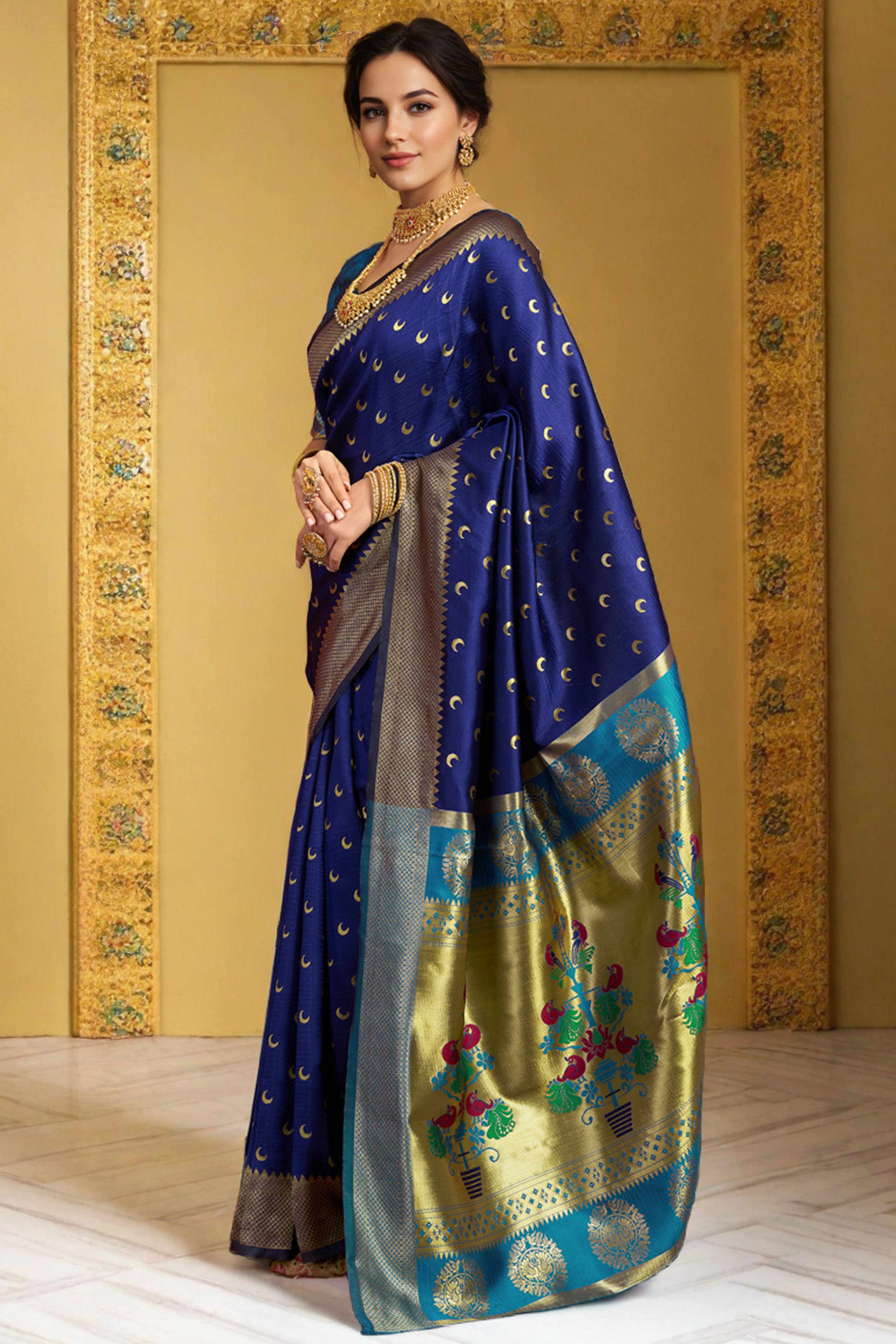 Navy Blue Chandrakor Paithani Silk Blend Saree With Intricate Zari Weaving - Image 5
