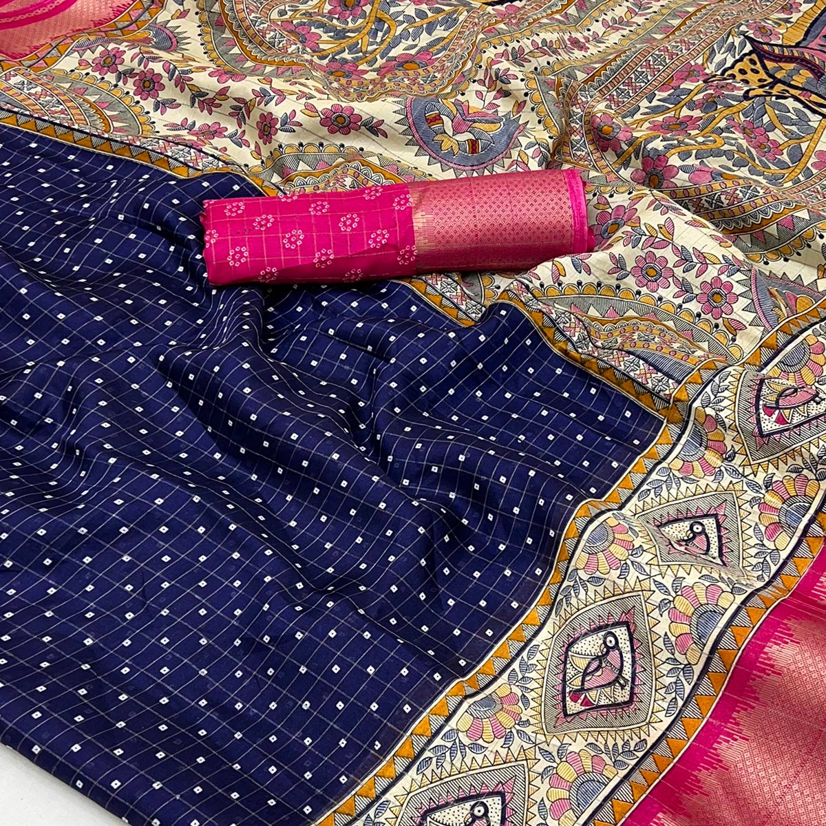 Navy Blue Checkes Zari Woven With Floral Printed Dola Silk Saree - Image 2