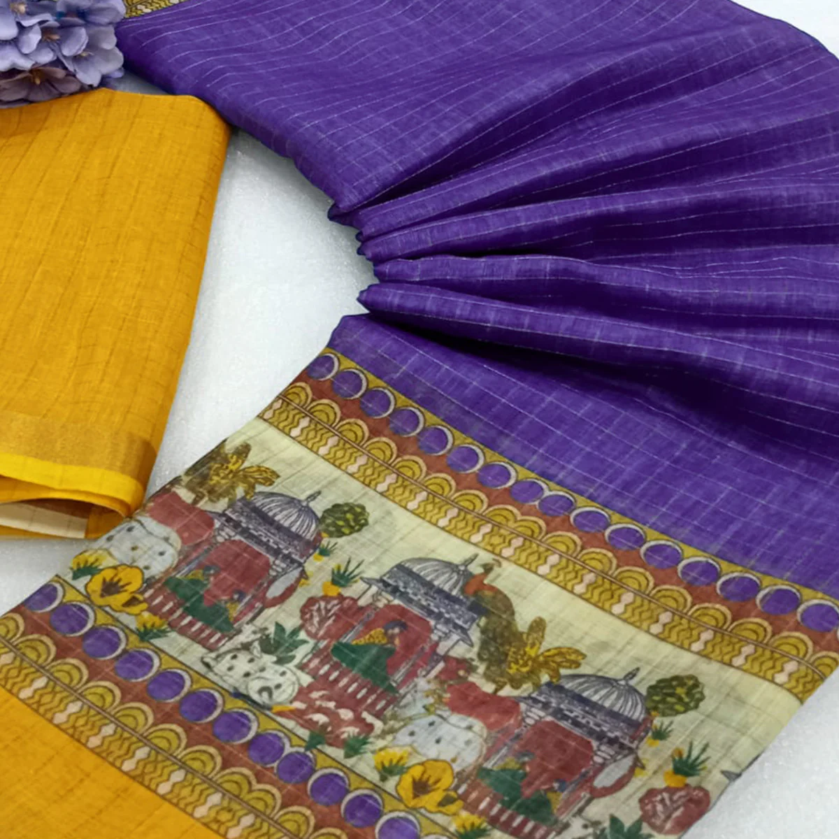 Purple Checks Zari Woven With Printed Linen Saree - Image 2