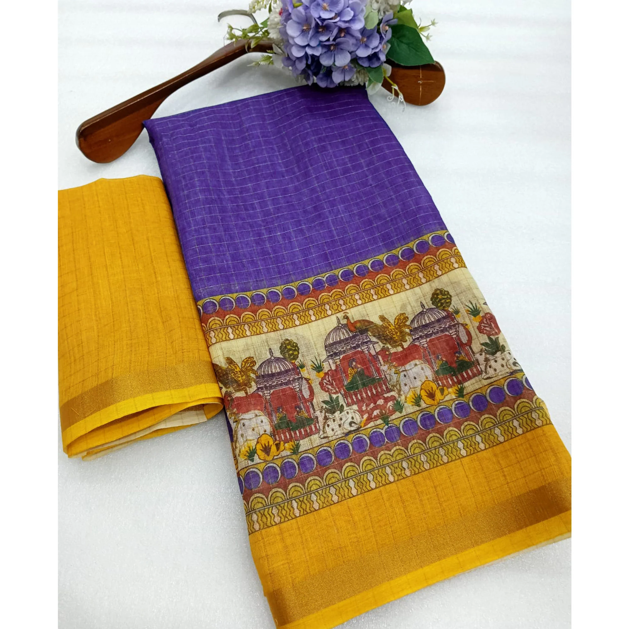 Purple Checks Zari Woven With Printed Linen Saree - Image 3