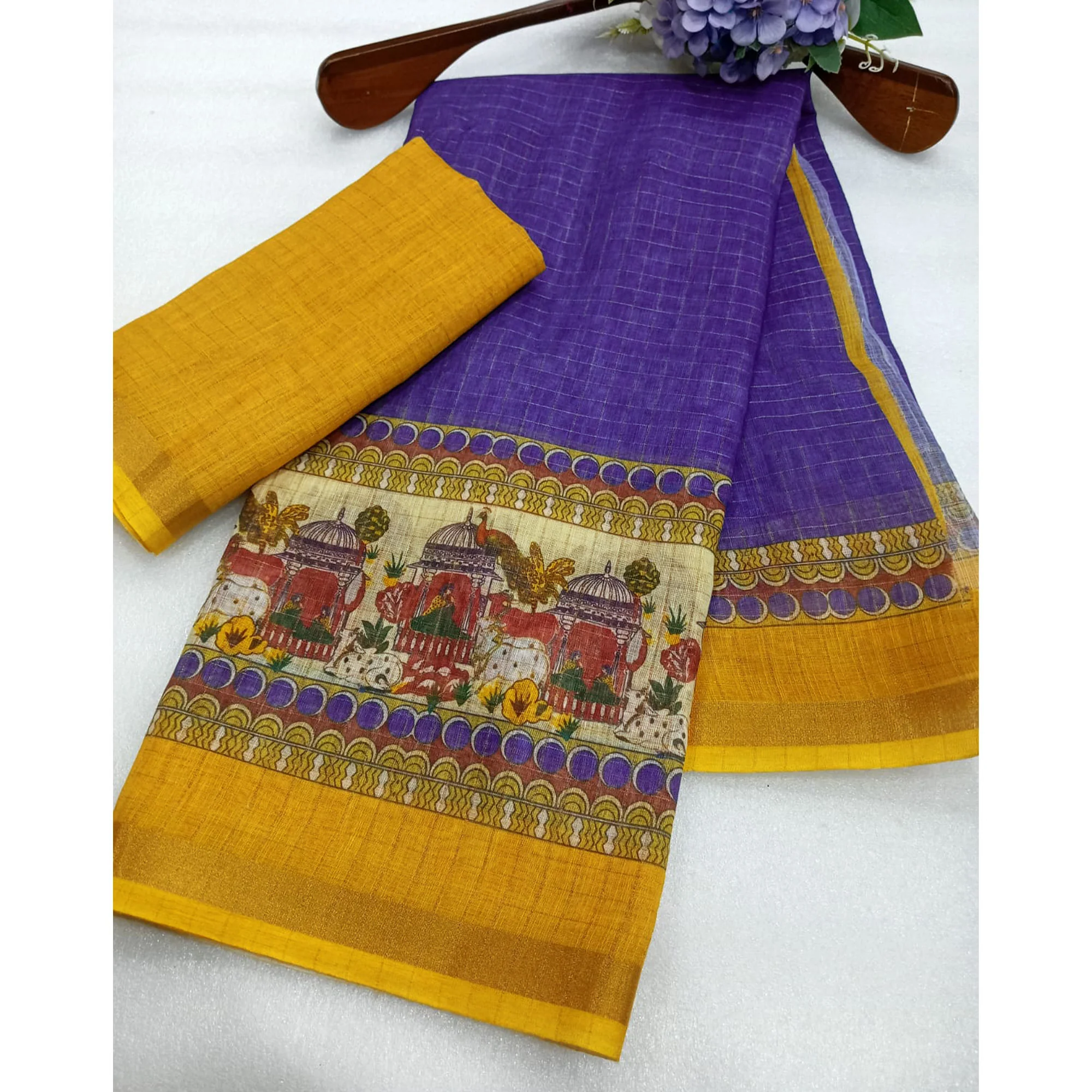 Purple Checks Zari Woven With Printed Linen Saree - Image 4