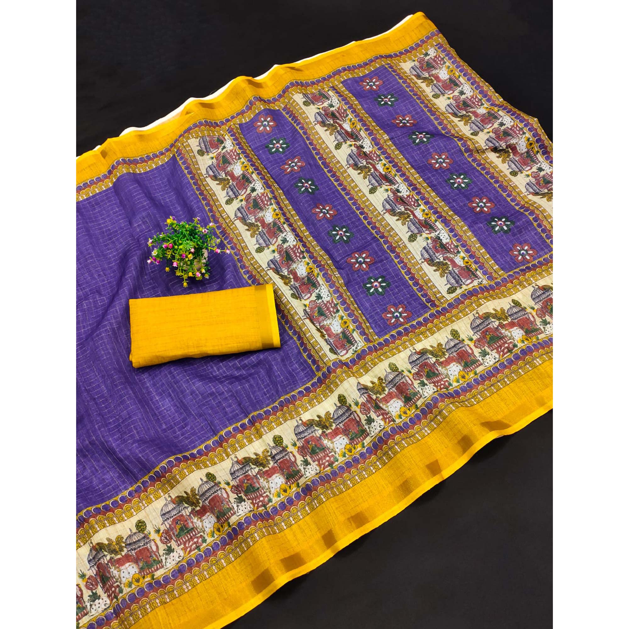 Purple Checks Zari Woven With Printed Linen Saree - Image 5