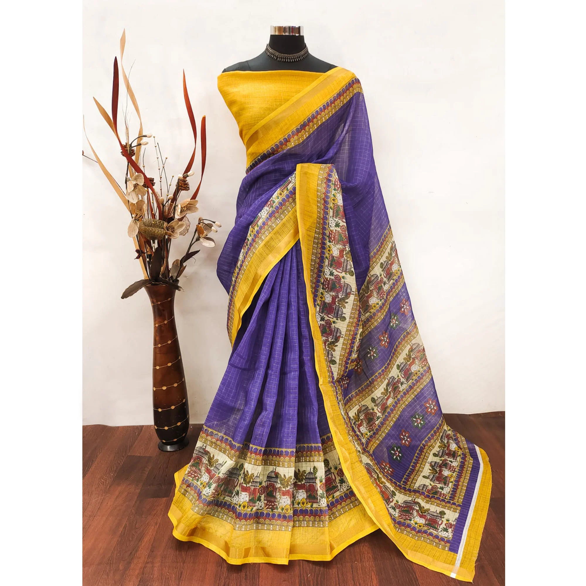 Purple Checks Zari Woven With Printed Linen Saree - Image 6