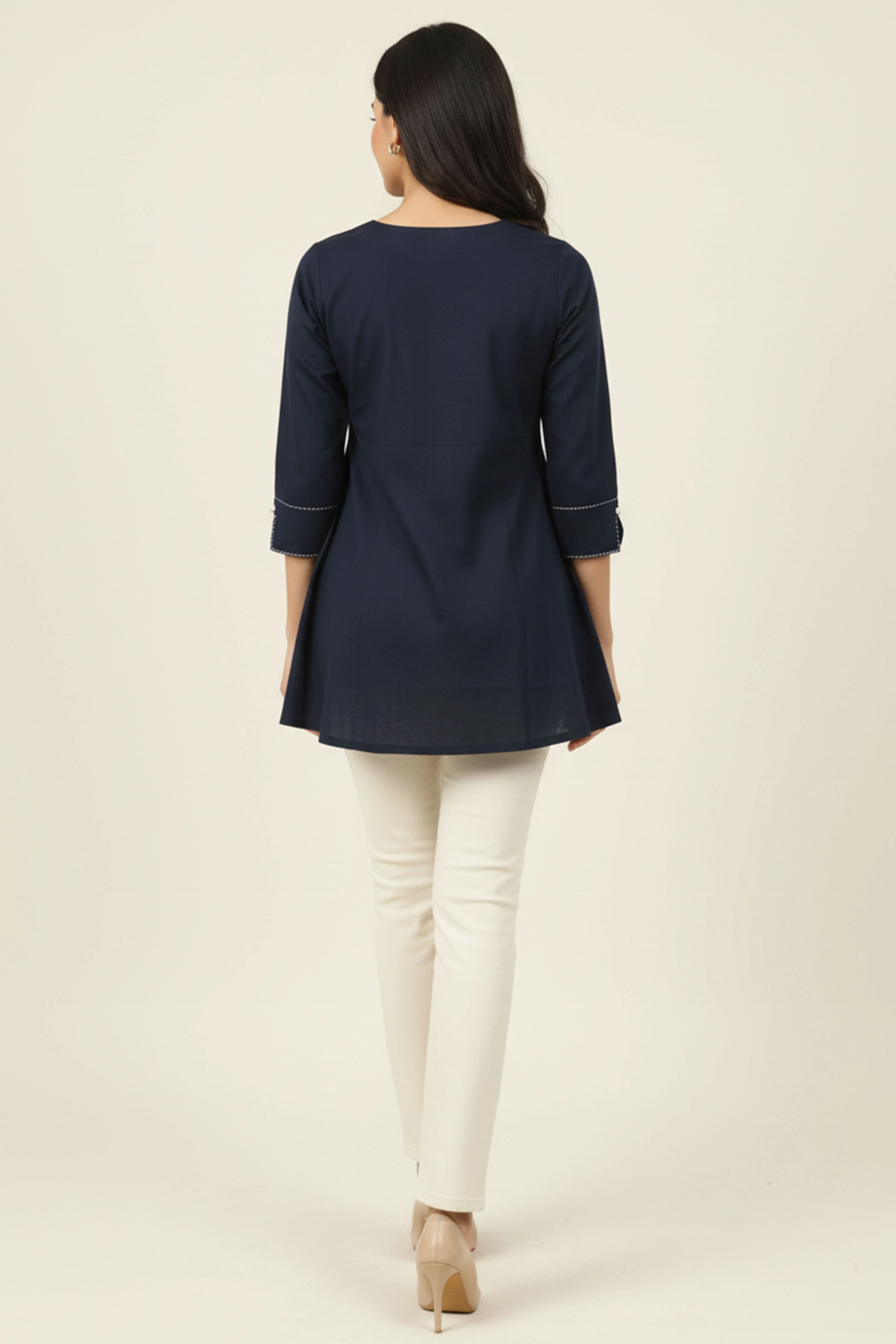 Navy Blue Cotton Tunic Top Featuring Embroidery Accents - Image 3