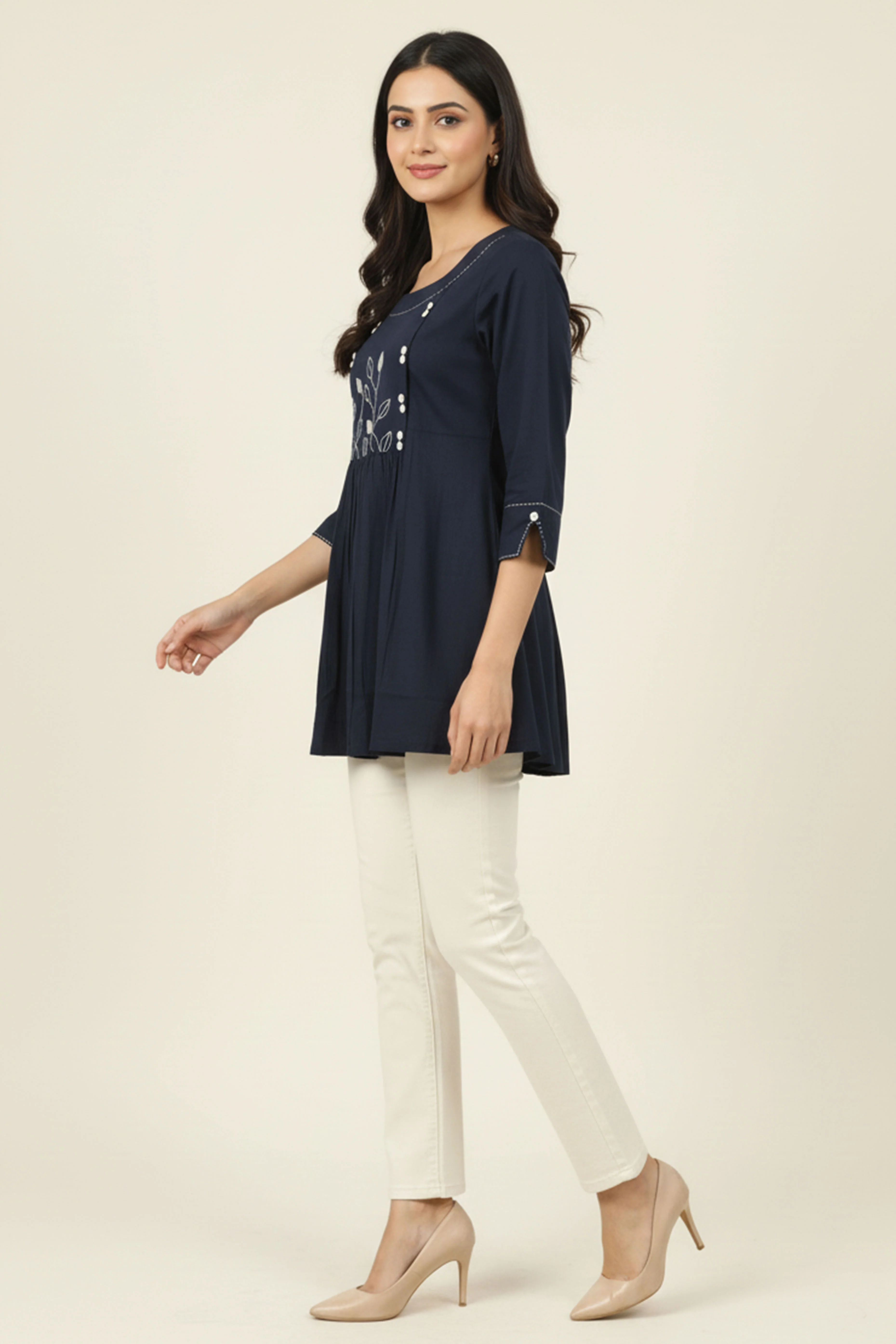 Navy Blue Cotton Tunic Top Featuring Embroidery Accents - Image 4