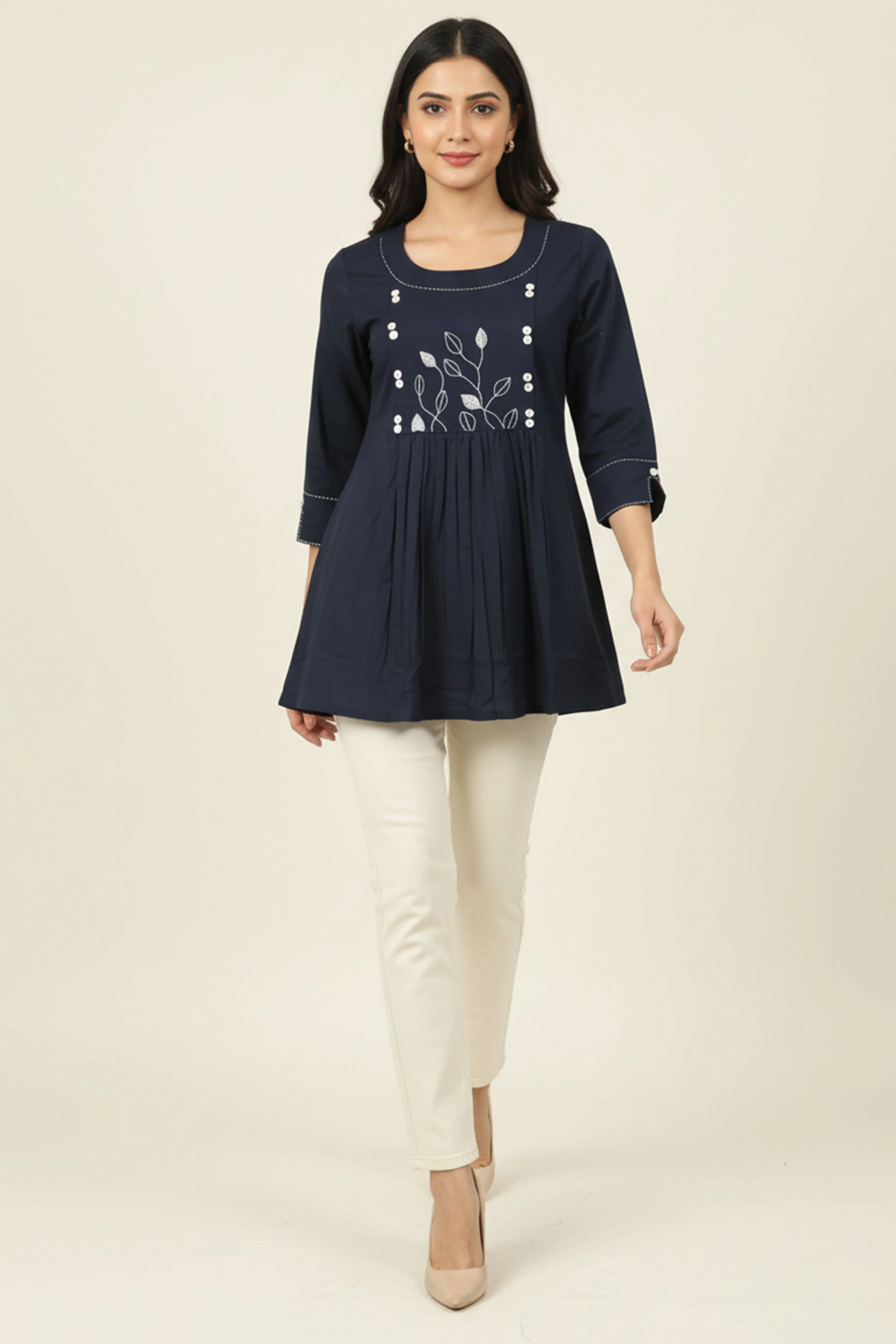 Navy Blue Cotton Tunic Top Featuring Embroidery Accents - Image 5