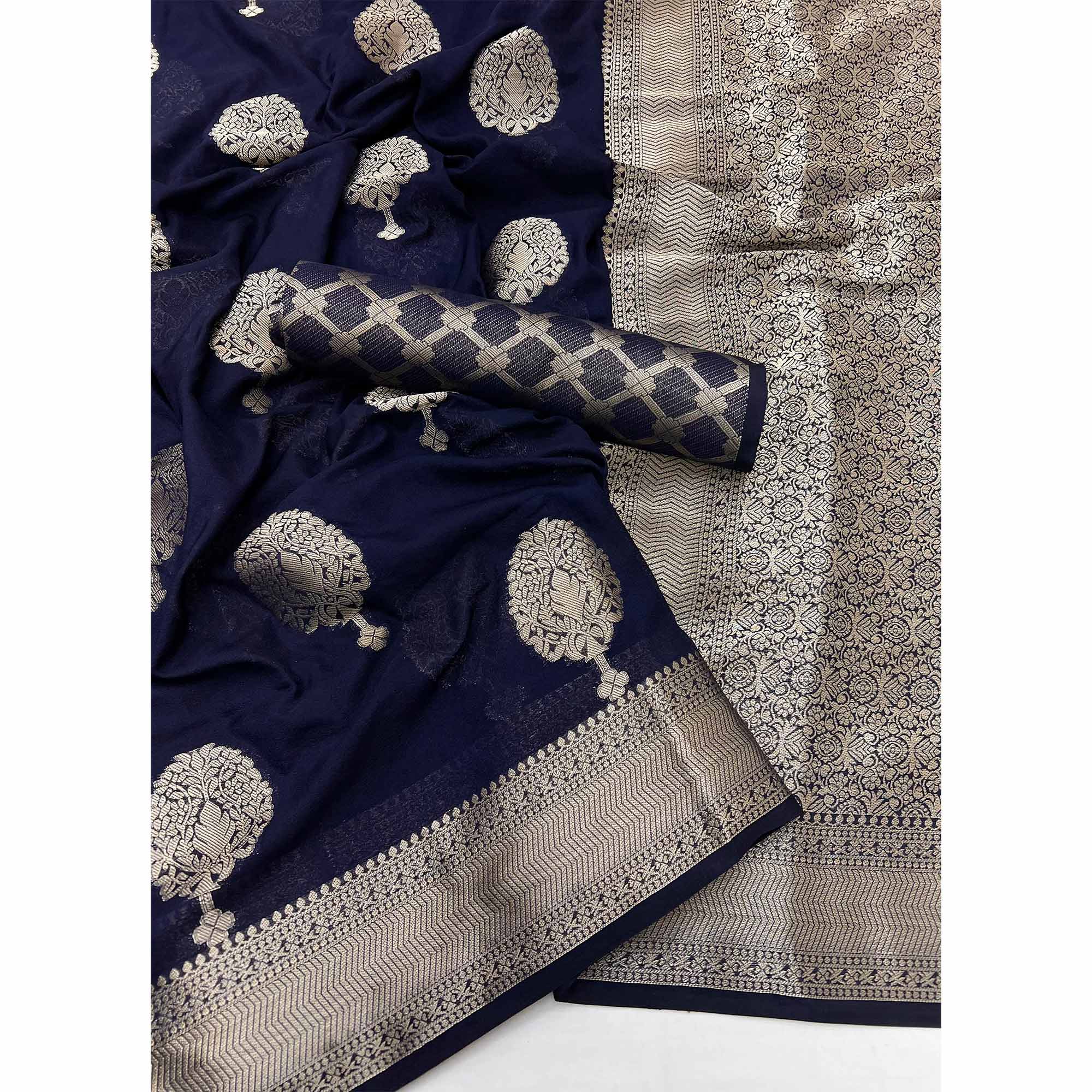 Navy Blue Crepe Silk Saree Featuring Floral Zari Weave & Graceful Tassel Pallu - Image 3