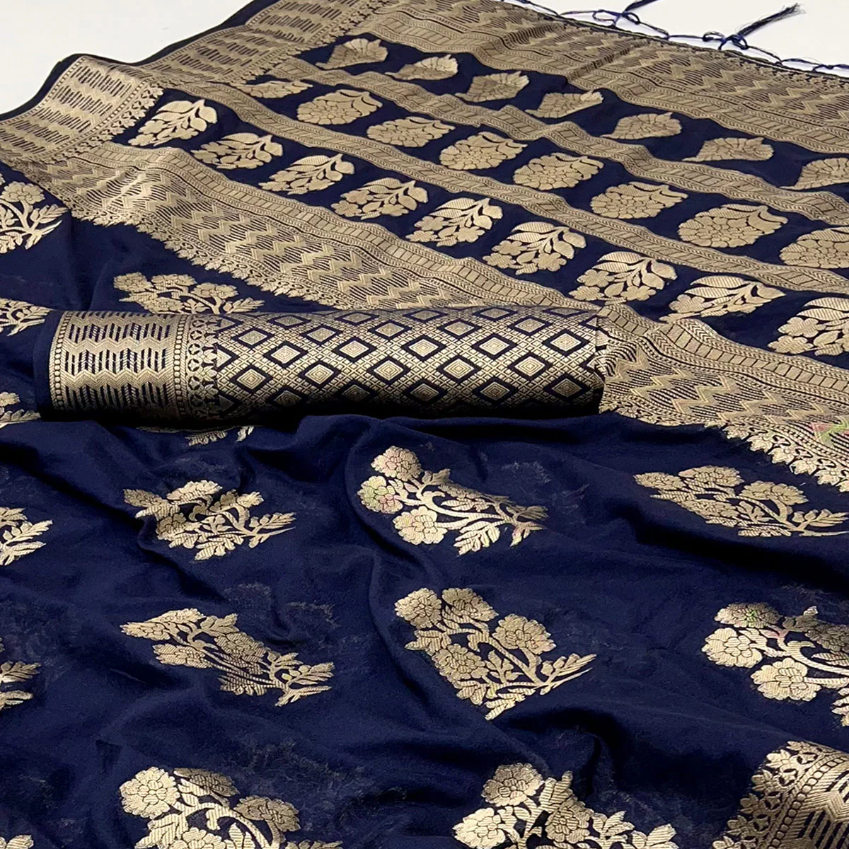 Navy Blue Crepe Silk Saree With Floral Zari Weaving & Stylish Tassel Pallu - Image 2