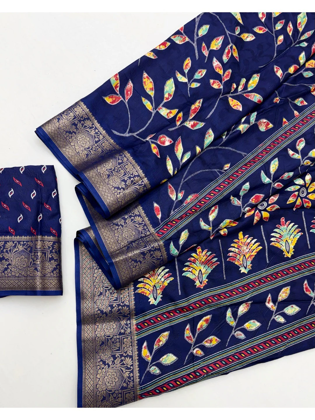 Navy Blue Dola Silk Saree with Floral Print and Jacquard Border - Image 2