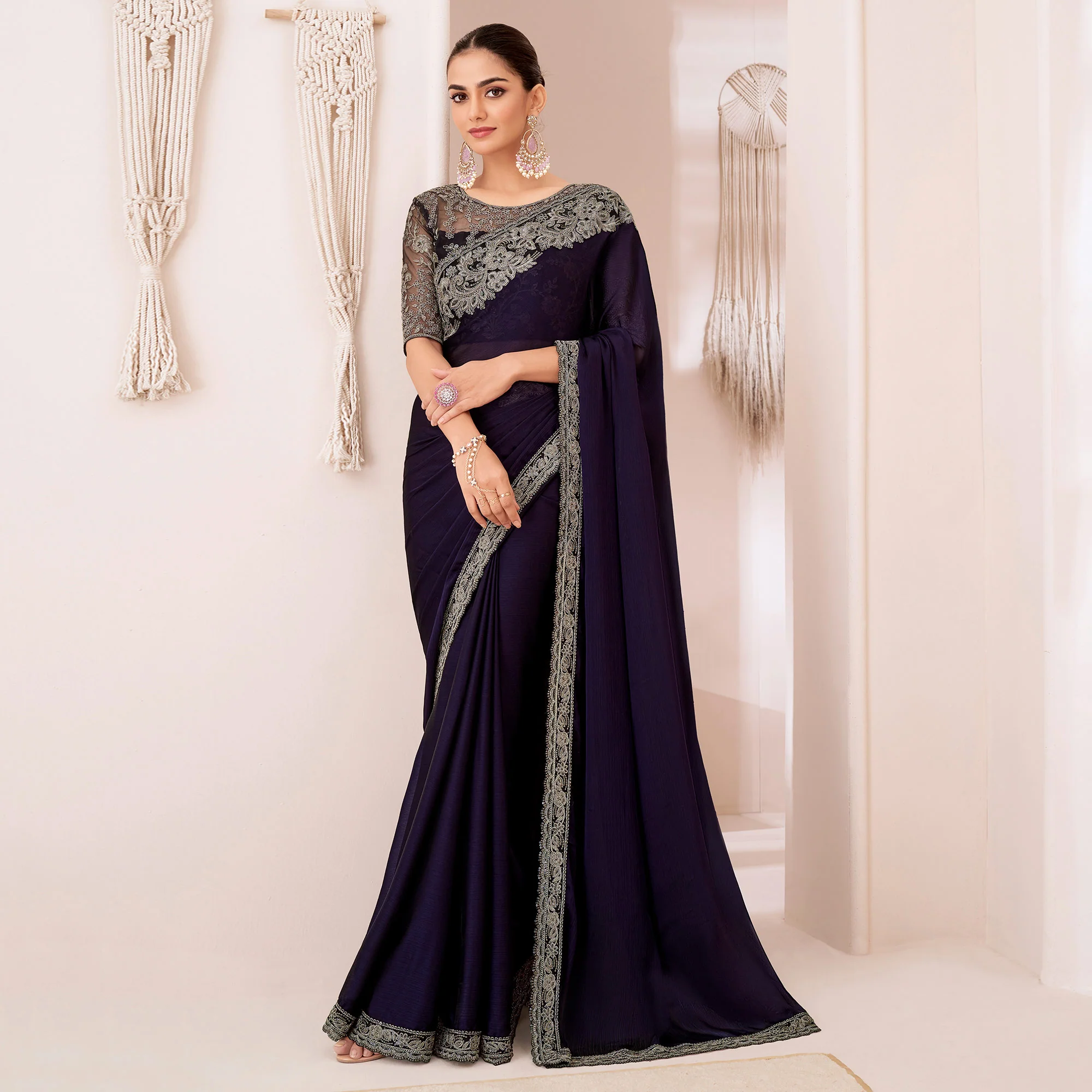 Navy Blue Embroidered Georgette Saree - Image 2