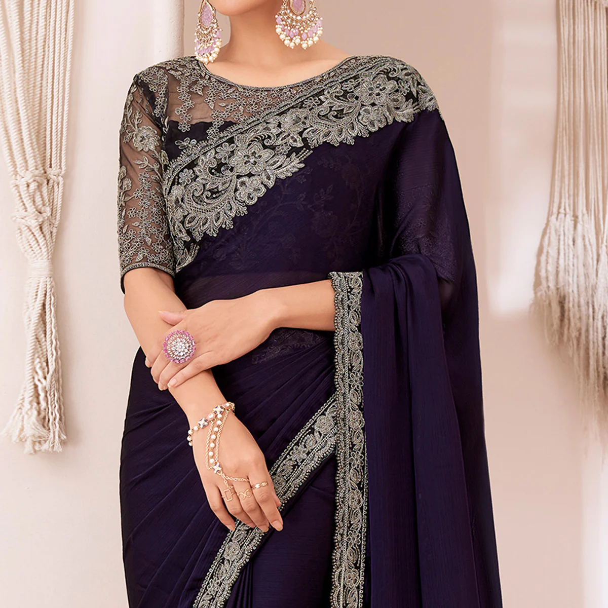 Navy Blue Embroidered Georgette Saree - Image 3