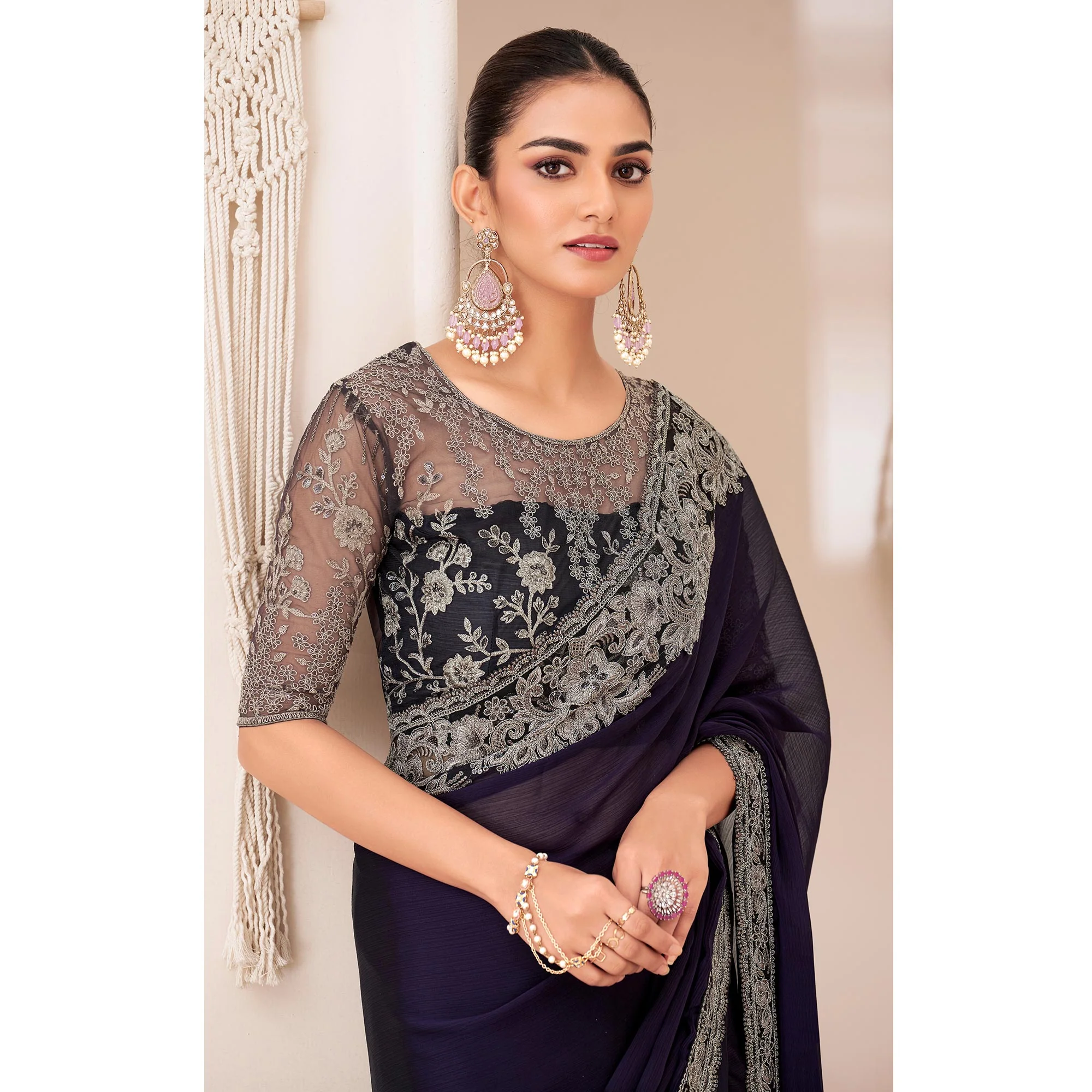 Navy Blue Embroidered Georgette Saree - Image 4