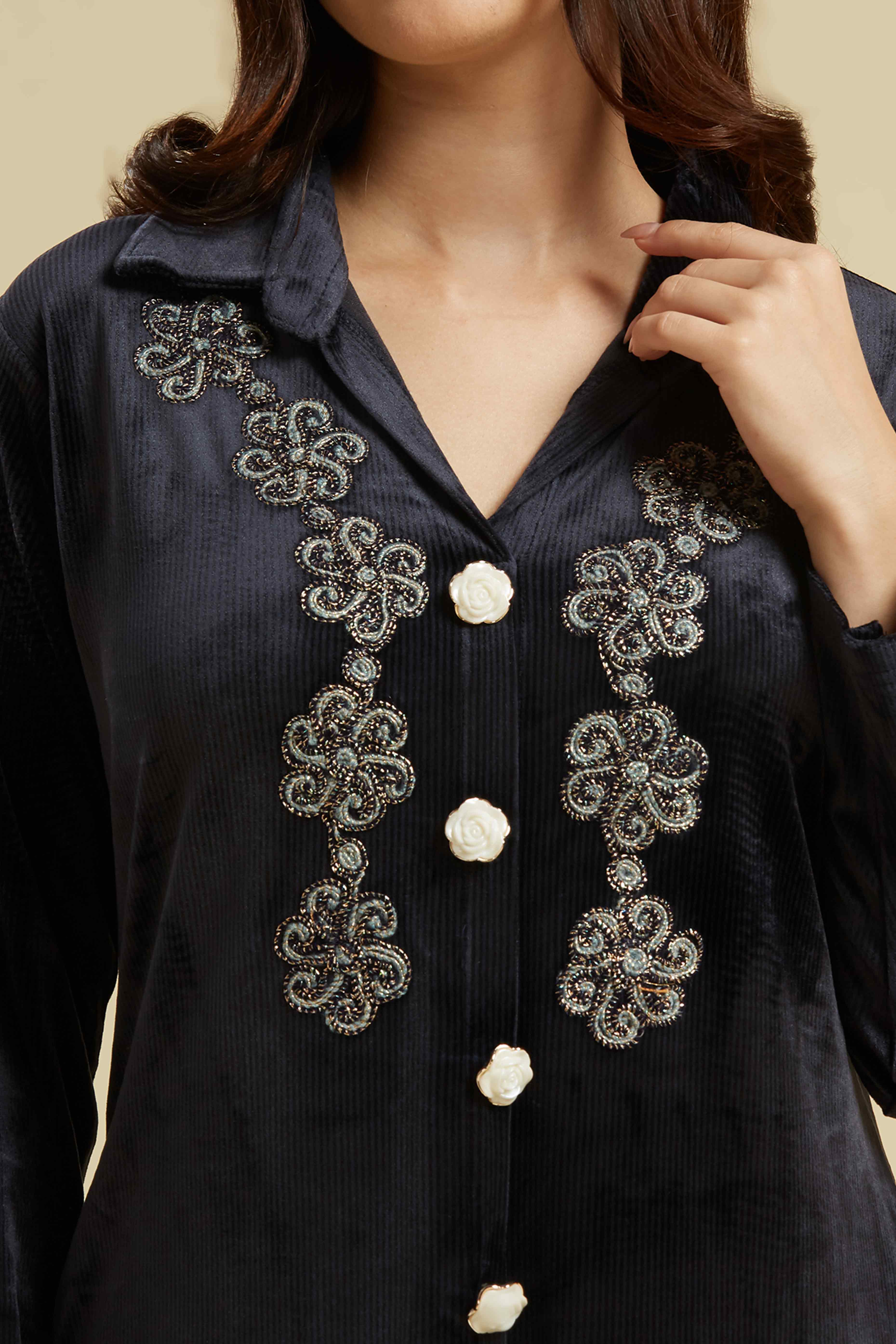 Navy Blue Embroidered Velvet A-Line Top Bottom Set - Image 2