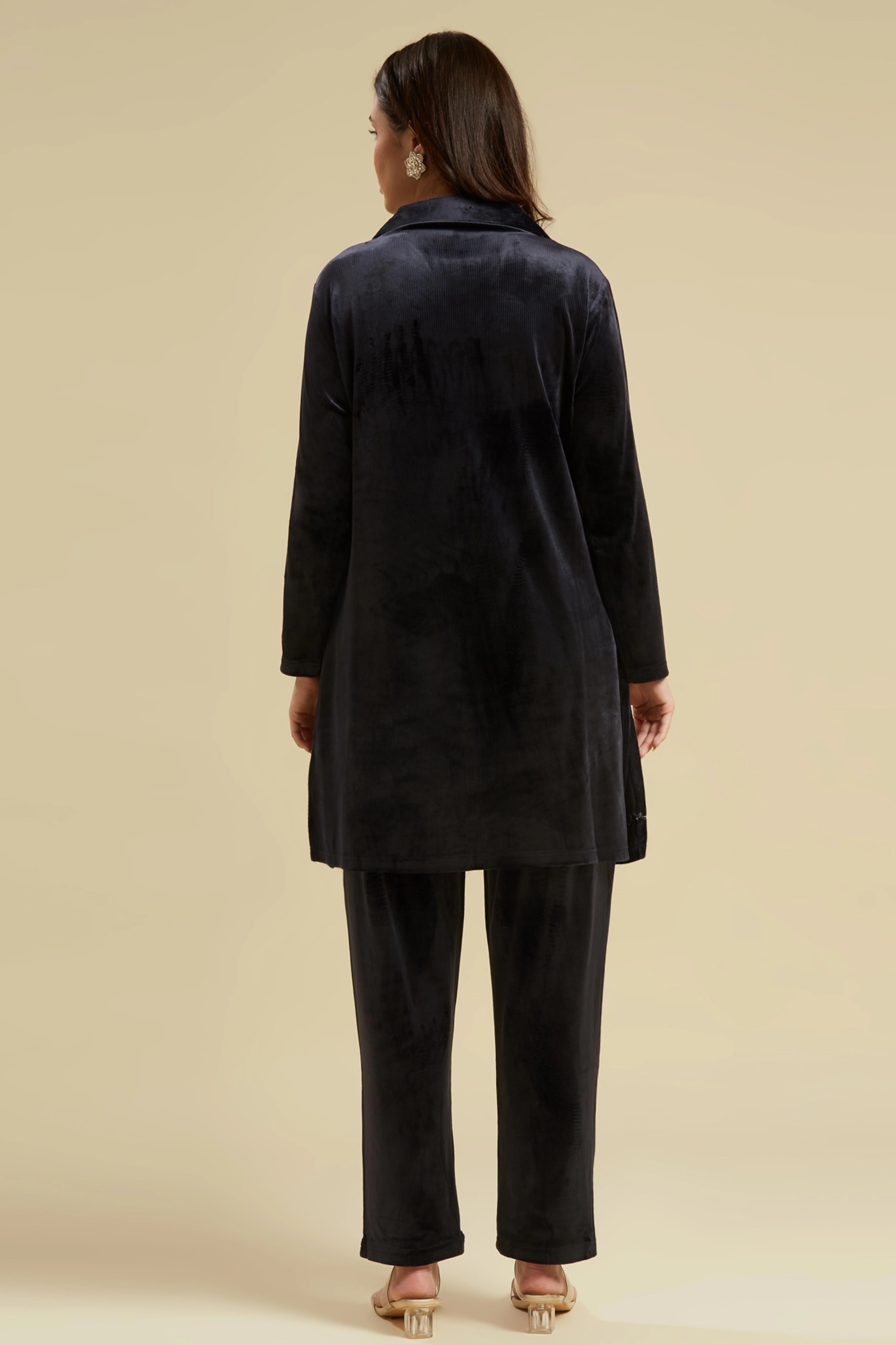 Navy Blue Embroidered Velvet A-Line Top Bottom Set - Image 3