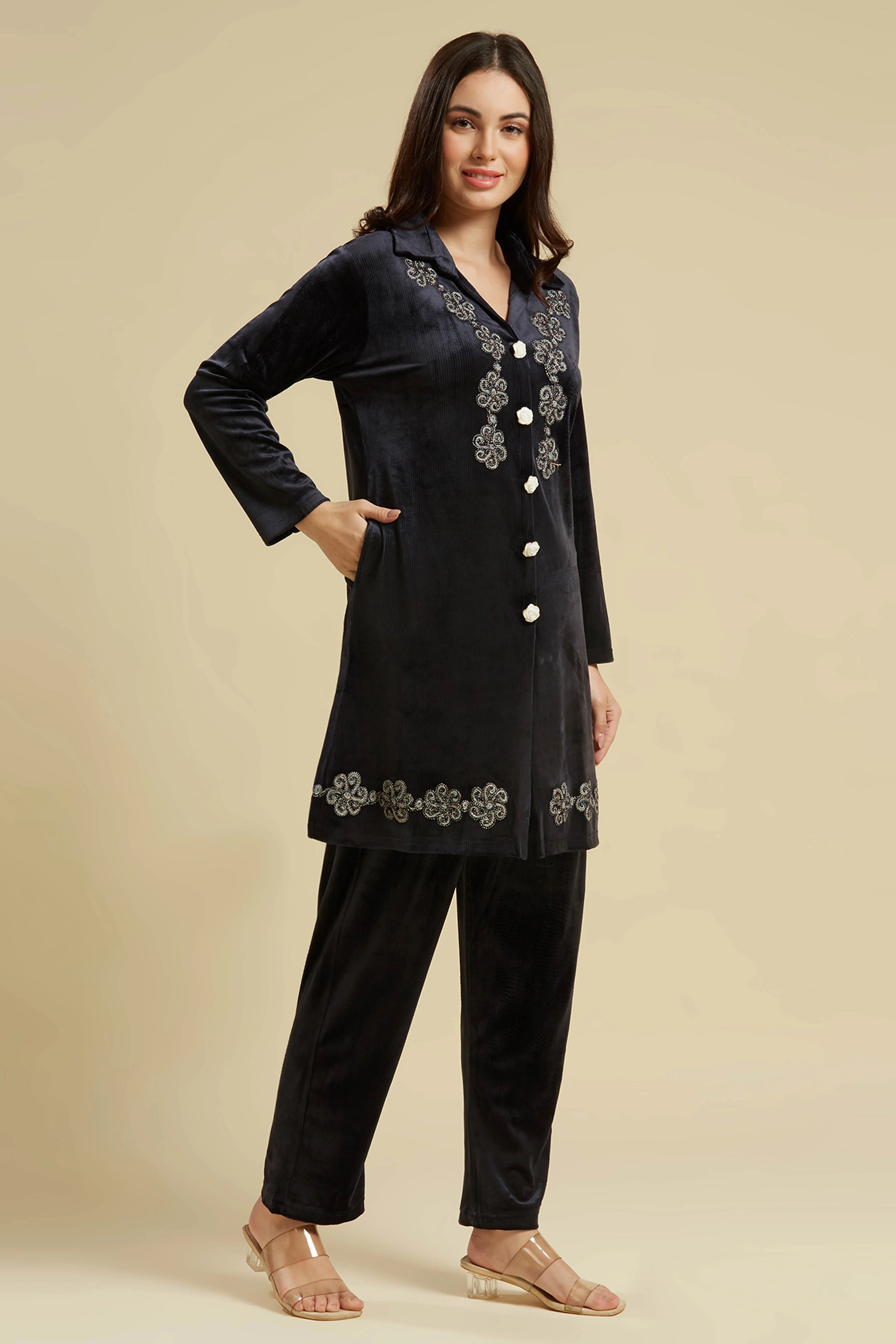 Navy Blue Embroidered Velvet A-Line Top Bottom Set - Image 4