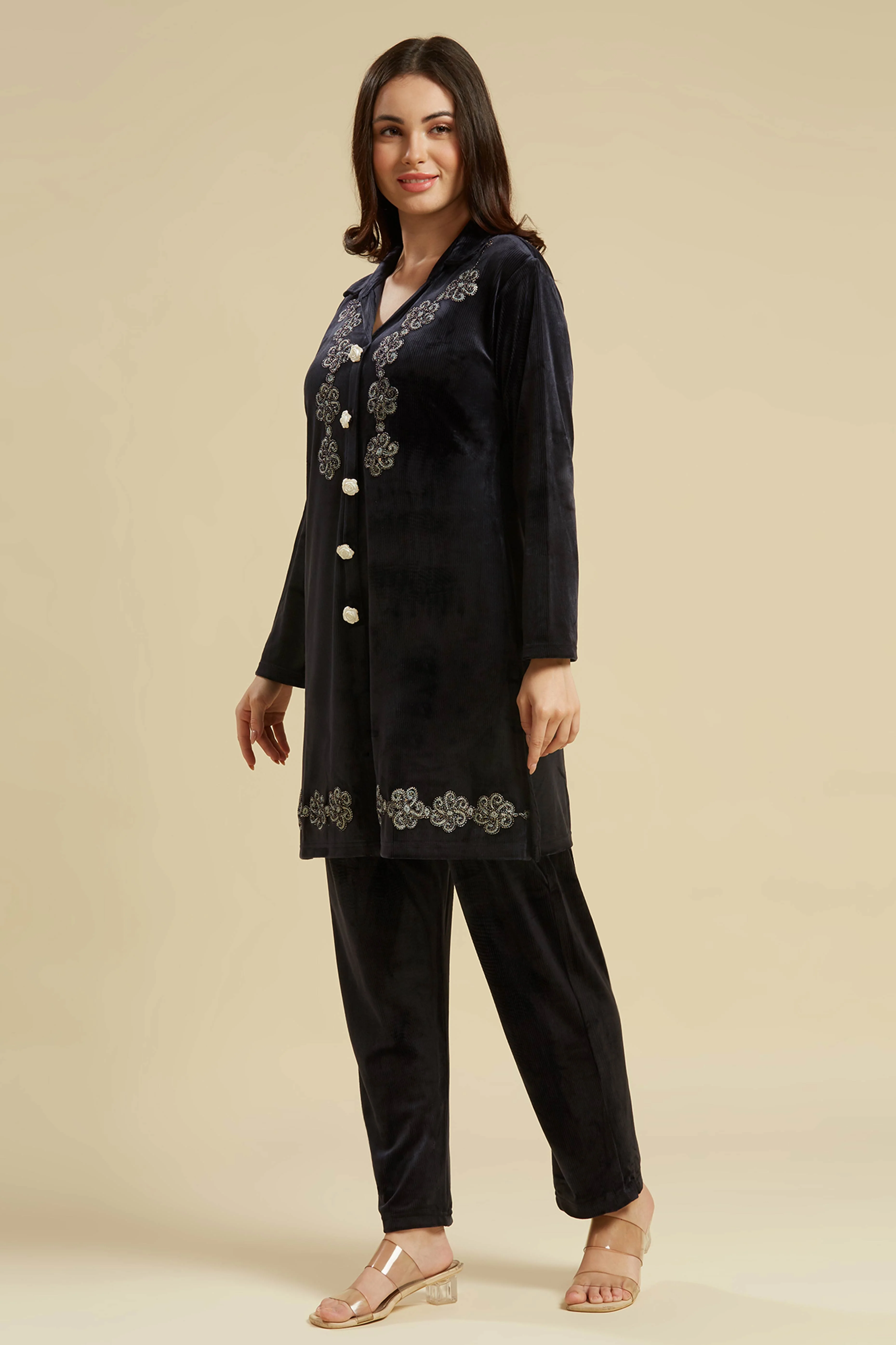 Navy Blue Embroidered Velvet A-Line Top Bottom Set - Image 5